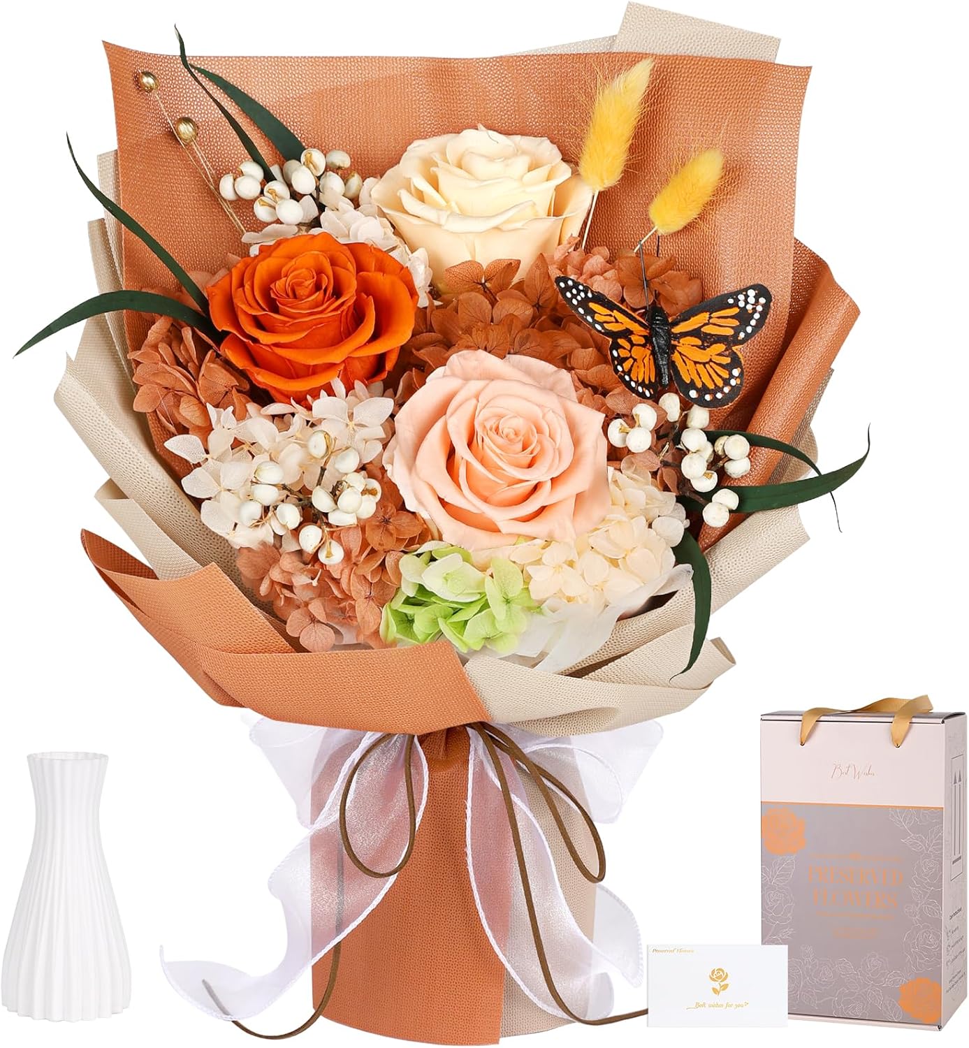 MAMAMIKO Preserved Flowers Bouquet with Butterfly - 3 Roses & Flowers for Delivery, Long-Lasting Real Roses Forever, Anniversary Birthday Valentine Gifts for Women Mom Grandma Her Wife Girlfriend