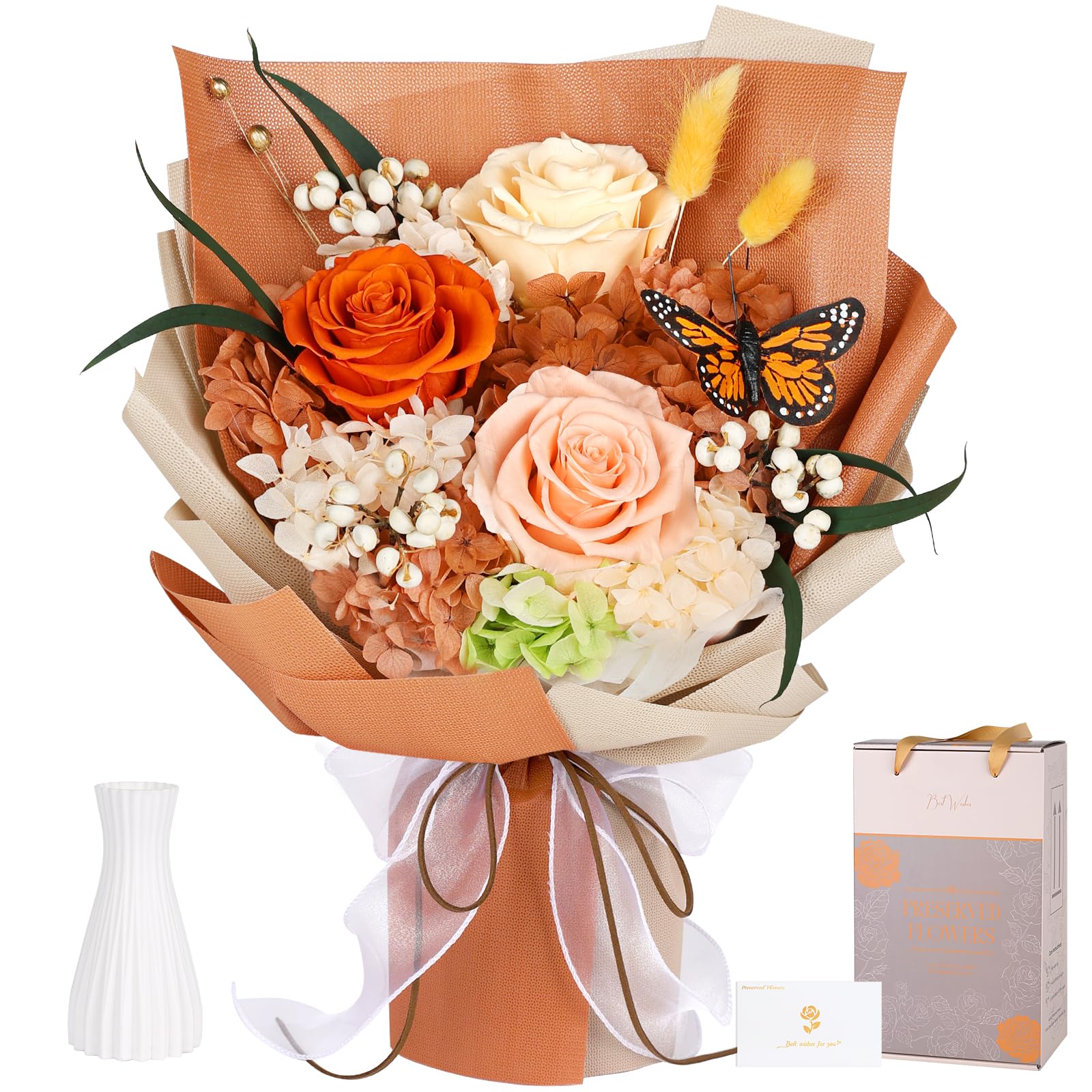 Konservierter Blumenstrauß mit Schmetterling, 3 Rosen & Blumen, Infinity Rosenstrauß, Geschenke für Frauen, Valentinstag, Muttertag, Jahrestag & Geburtstagsgeschenk für Ehefrau oder Mama