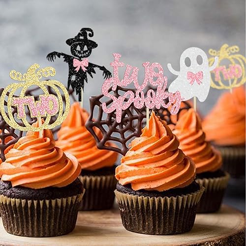 Miniatura 4 de Gyufise 24 piezas de Halloween dos decoraciones espeluznantes para cupcakes con purpurina rosa, fantasma, calabaza, cupcakes, decoraciones