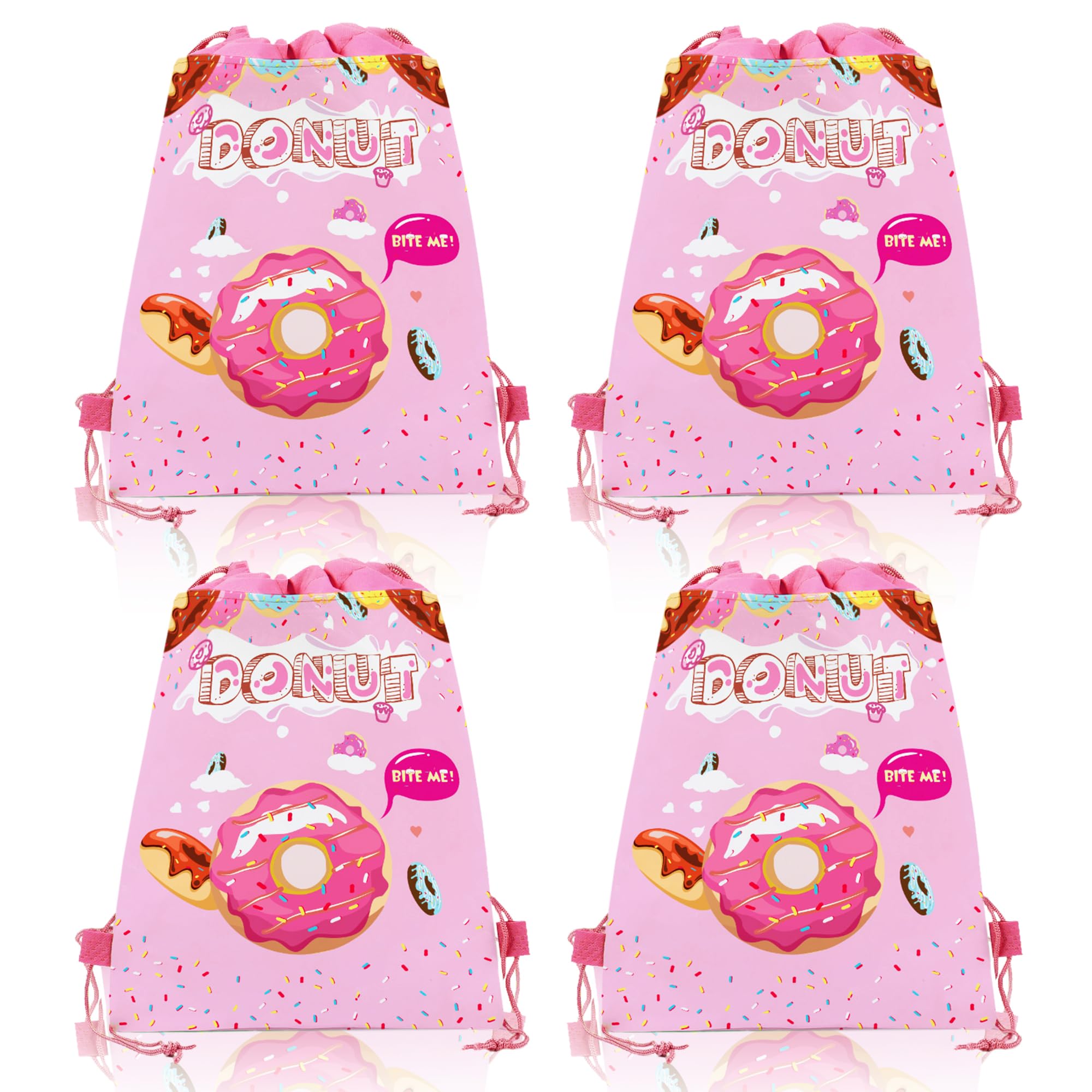CC HOME 12Pcs Donut Drawstring Bags, Sweet Doughnut Cake Gift Candy Treat Bags, Dessert Donut Theme Party Favor Bags for Baby Shower Kids Girls Boys Birthday Party Decorations 10.6 x 13.4 inch