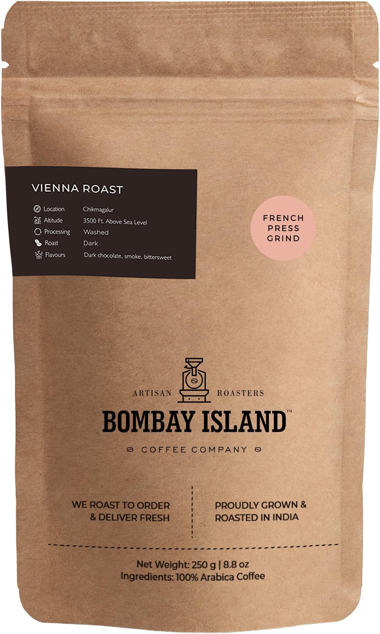 Bombay Island Coffee Vienna Roast | Dark Roast | Freshly Roasted 100% Arabica Coffee | 250 Gm | French Press Grind