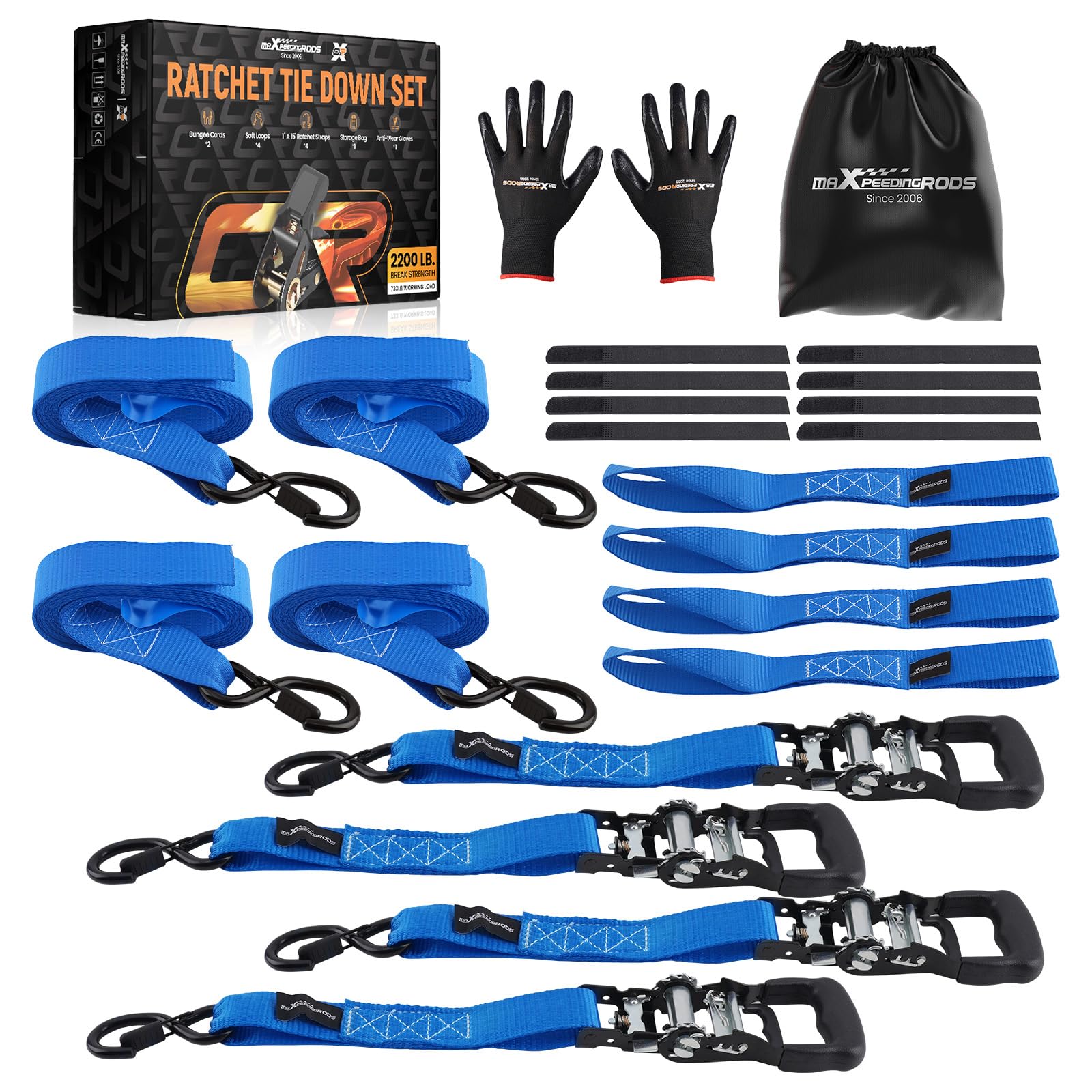 maXpeedingrods Spanngurte Ratschen Zurrgurte Set 4-teilig 2362kg | mit Soft Loops & S-Haken, 2.4m x 4cm inkl. Tasche& Handschuhe – für Motorrad, ATV, Auto, LKW, Transport - Blau