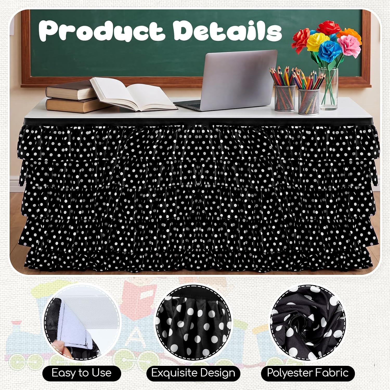 Panelee Table Skirt for Classroom, Black,White, 72×30 Inch, Tutu Ruffled