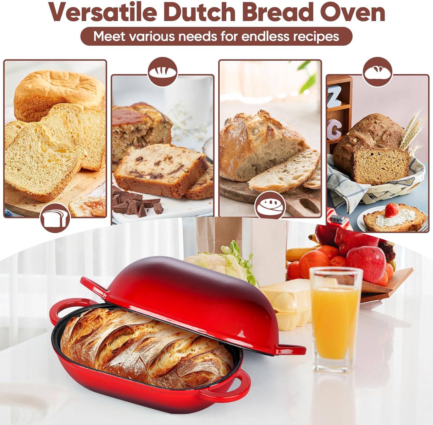 TeamFar Enameled Cast Iron Bread Loaf Pan, 2 QT Oval Dutch Oven with Lid for Sourdough Bread Baking, Enameled Meatloaf Loaf Baking Pan with Lid, Even Heat Distribution & Self-Basting, Red - Image 6