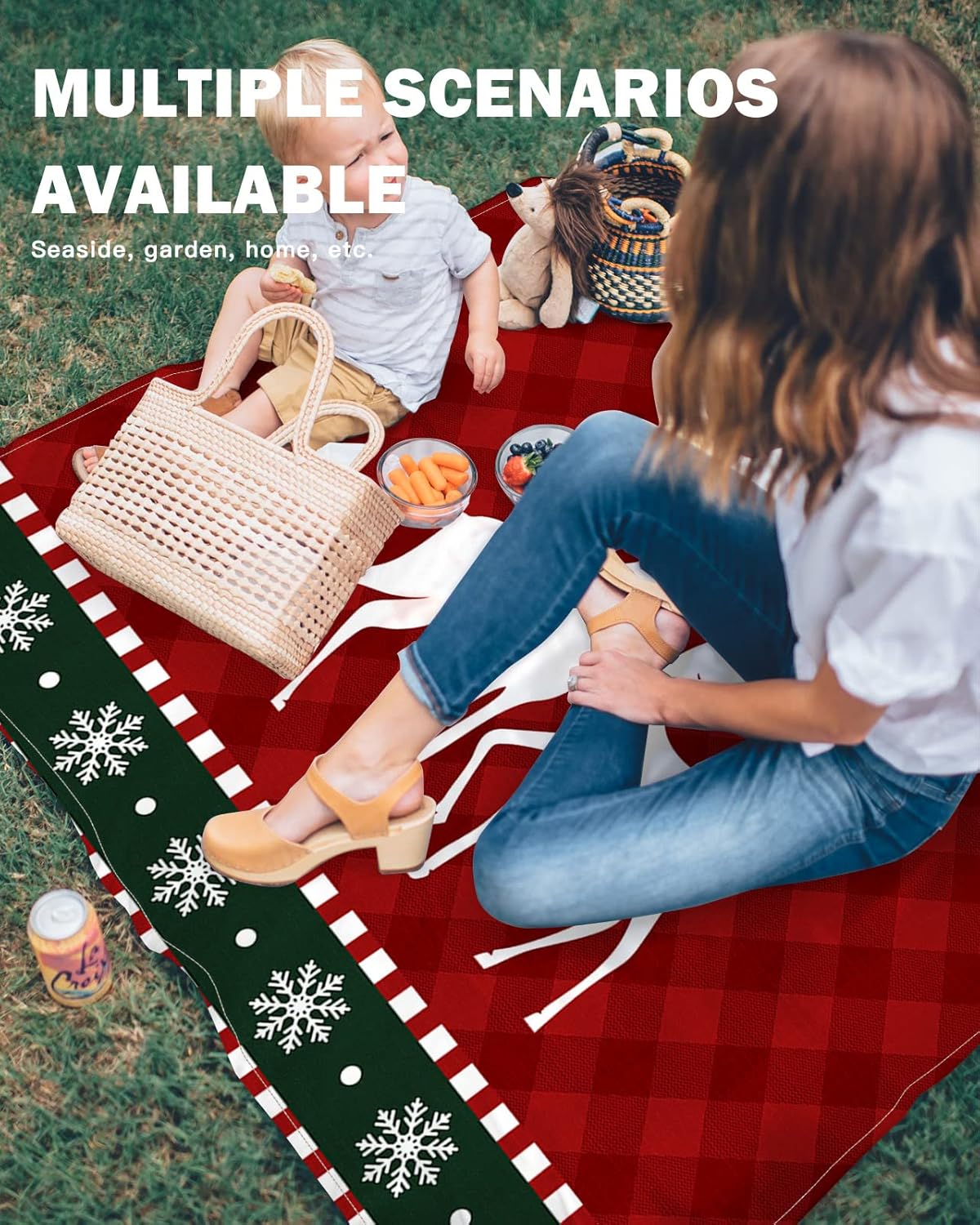 Merry Christmas White Reindeer Tartan Plaid Beach Blanket Waterproof Sandproof Outdoor Picnic Mat 118"x108" Snowflake Border Lightweight Large Beaach Blankets with 4 Stake & 4 Corner Pockets