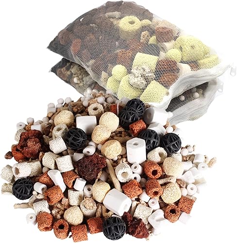 GOLDEAL Bio Balls - Juego de anillos de cerámica, medios de filtro biológico para acuario con bolsa de malla para pecera y estanque, filtro de