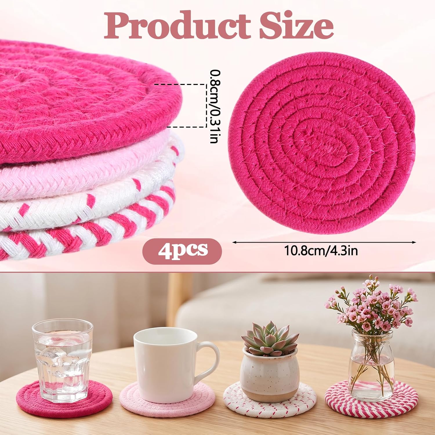4 Pcs Drink Coasters, 4.3 in Pink Woven Fabric Coaster for Desk
