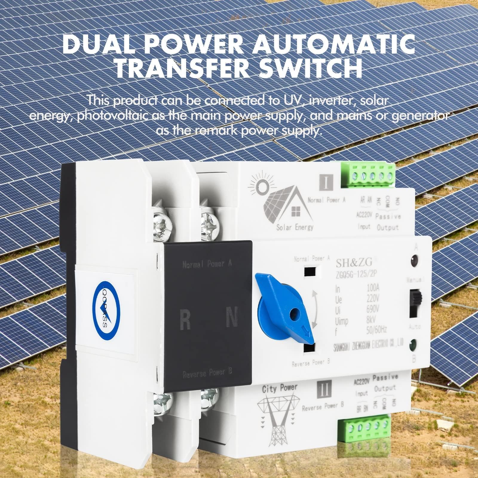 Jadeshay ATS Fotovoltaico, Interruttore di Trasferimento Automatico Fotovoltaico a Doppia Alimentazione Interruttore di Alimentazione Ininterrotta 220V, ZGQ5G-2P 100A