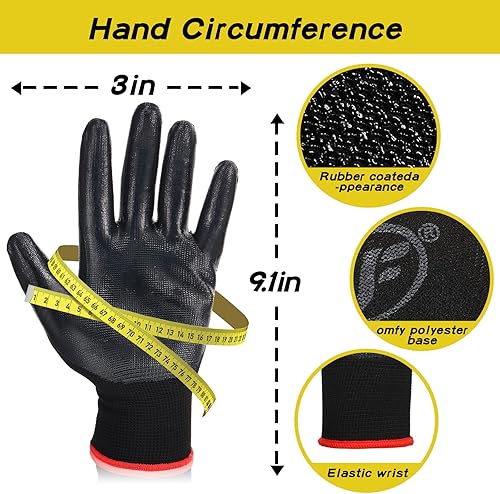 Miniatura 9 de 36 pares de guantes de trabajo con revestimiento de nitrilo negro y rojo para hombres, jardinería, construcción, almacén, actividades en interiores