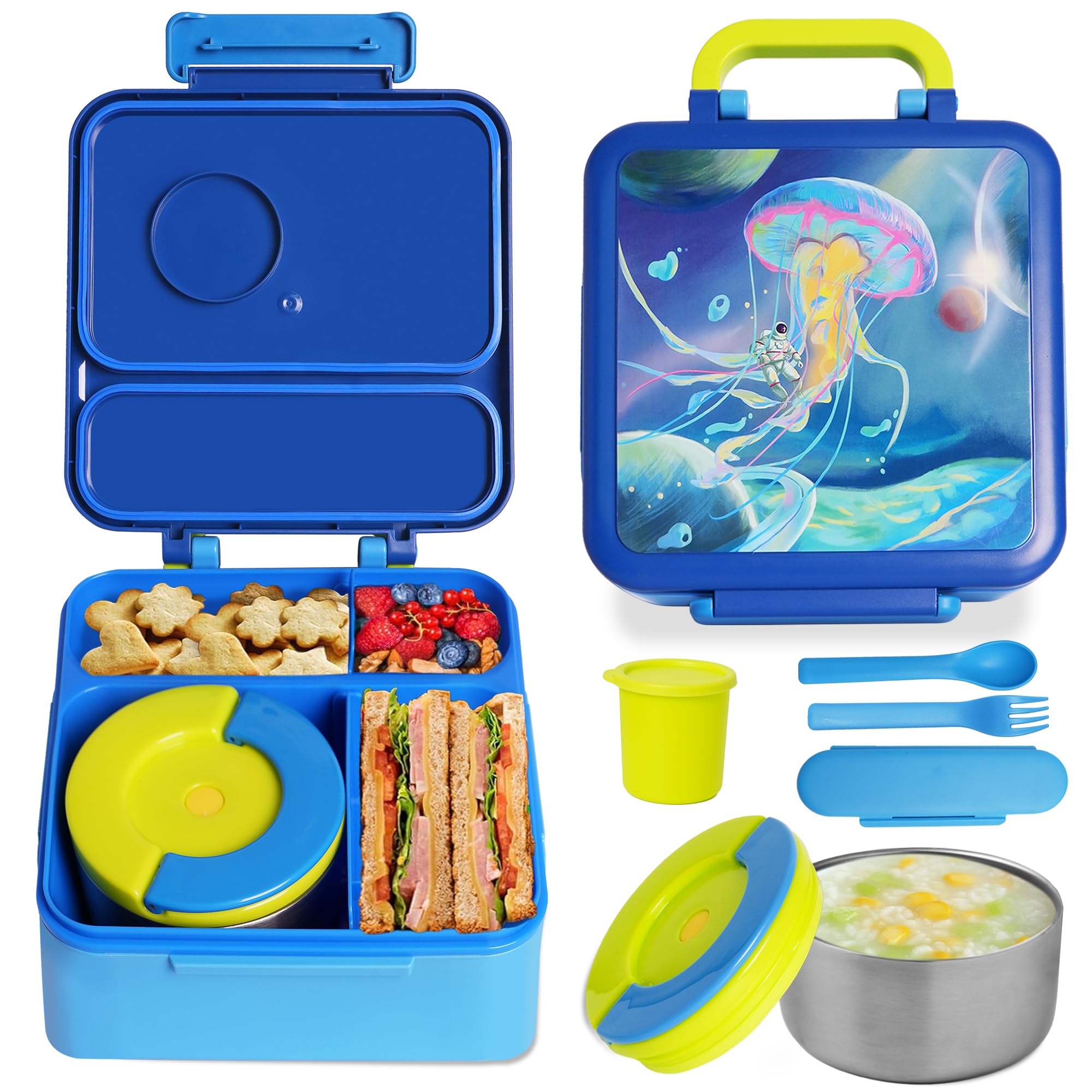 Insulated Bento Box for Kids - 8oz Thermos Leak-Proof Lunch Container, 4 Compartment for Hot & Cold Food, School & Travel