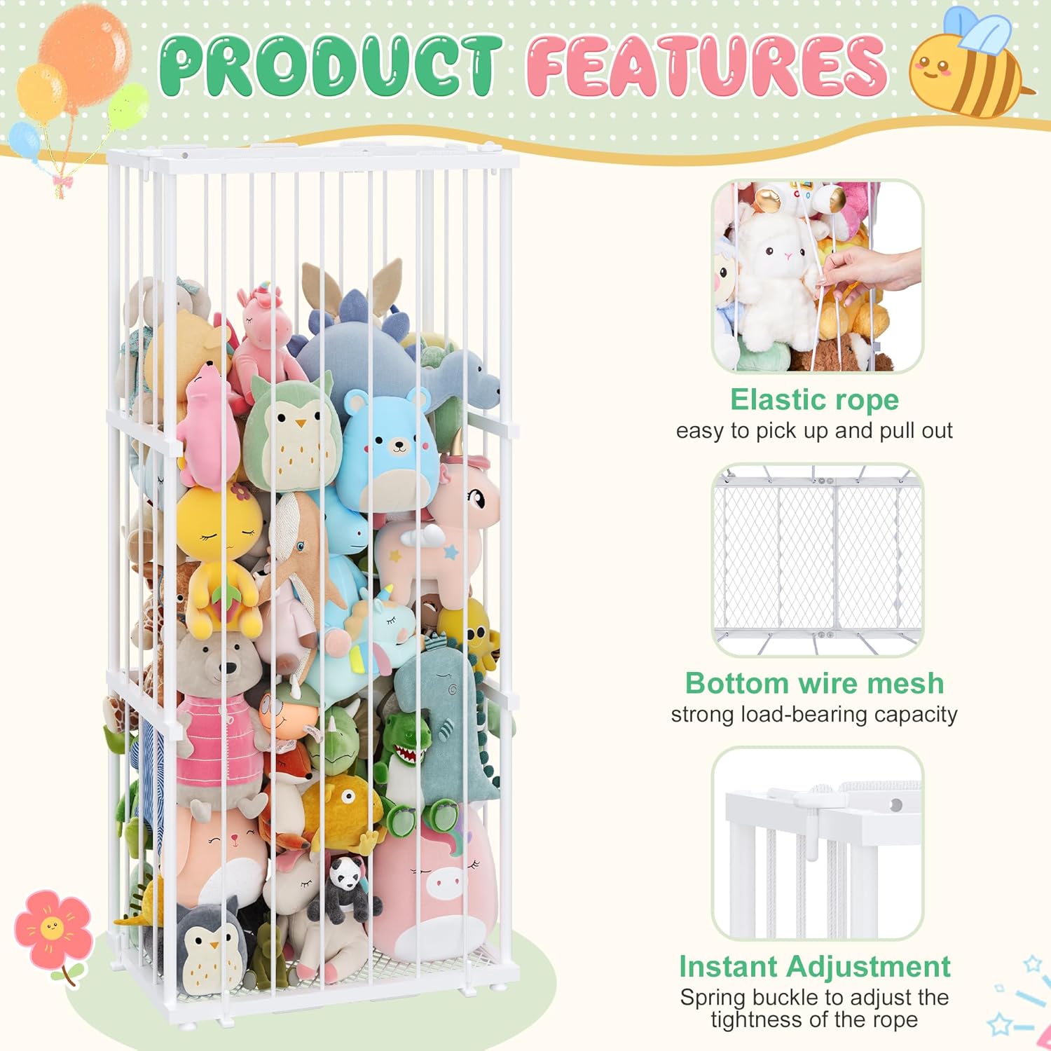 Large Metal Stuffed Animal Storage Zoo, Metal Stuffed Animal Holder Organizer with Elastic Cord, Space-Saving Toy Storage for Nursery, Playroom & Bedroom, White