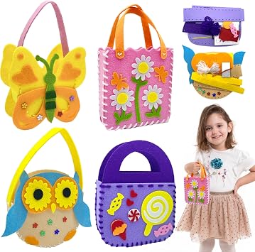 Cosysparks Felt Sewing Craft Kit for Kids, 4 Pack Handbag Sewing Kit Childrens Sewing Kits for Beginners Fun DIY Educational Sewing Craft Gift with Sewing Tools for Girls Style1