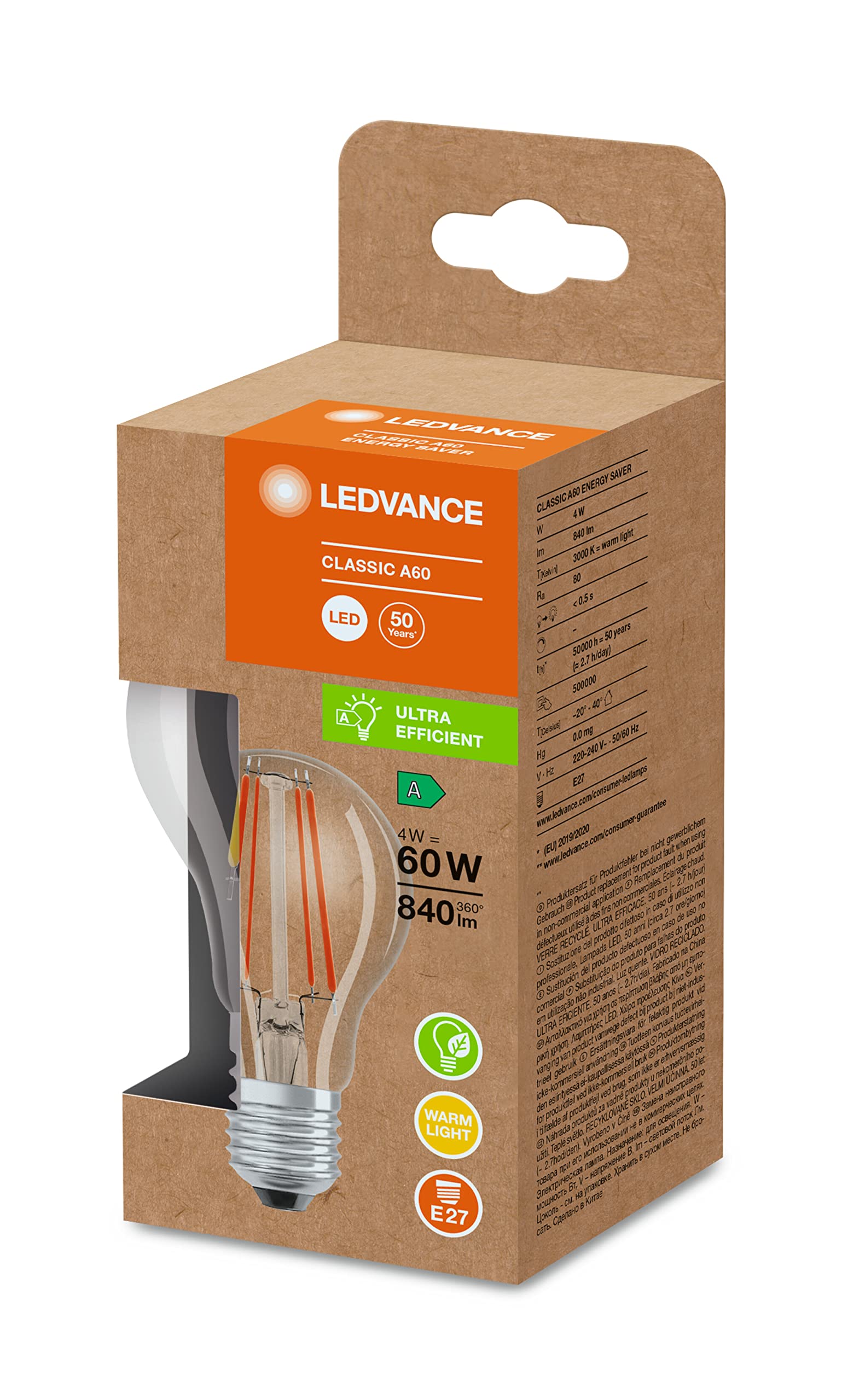 LEDVANCE Lampada a risparmio energetico a LED, lampadina a filamento di vetro, E27, bianco caldo (3000K), 4 watt, sostituisce lampadina da 60W, altamente efficiente, confezione da 6