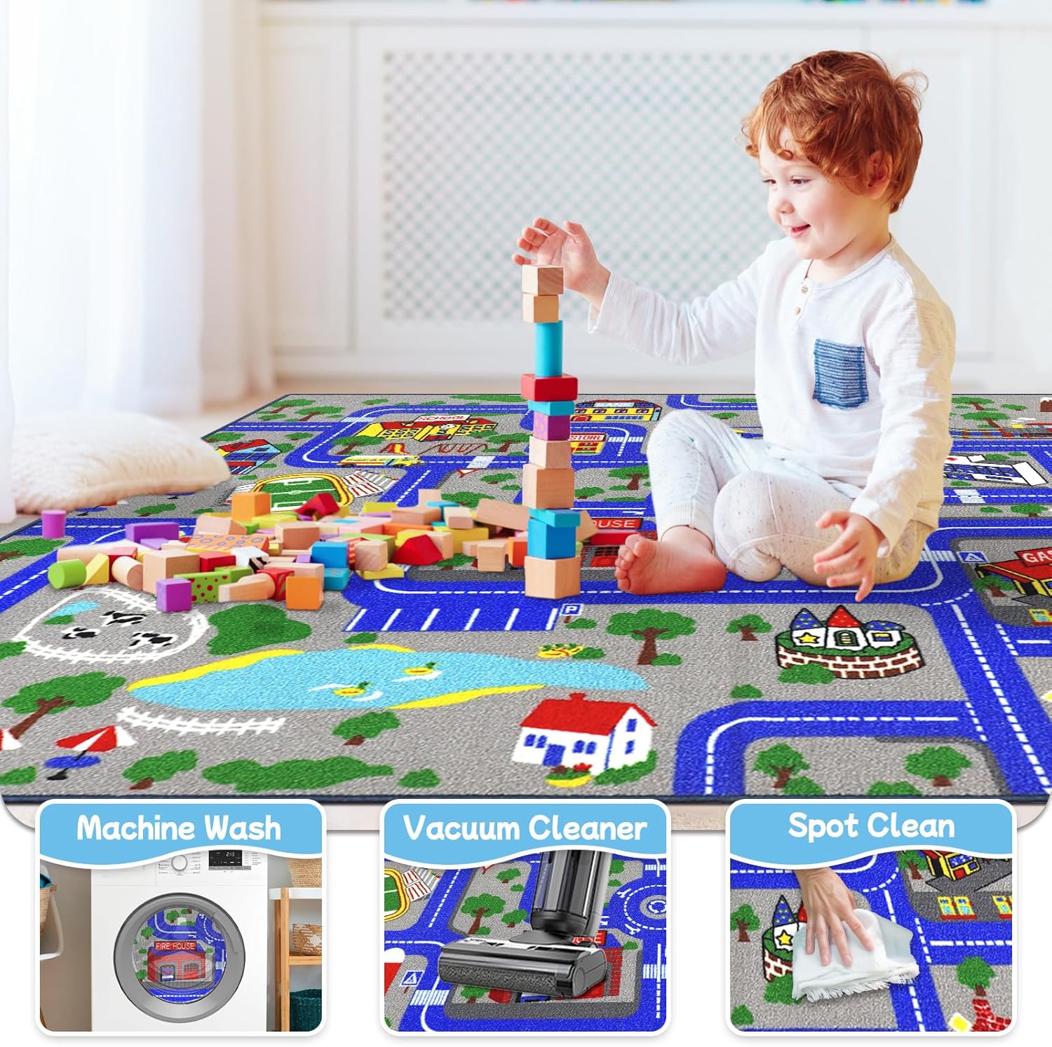 Kids Rug Car Play Mat 6.6'x5.0',Blue Kids Rug for Toy Cars,Non-Slip Town City Map Carpet Play Mat,Traffic Road Kid Educational Learning Car Rugs for Children Room Playroom Nursery