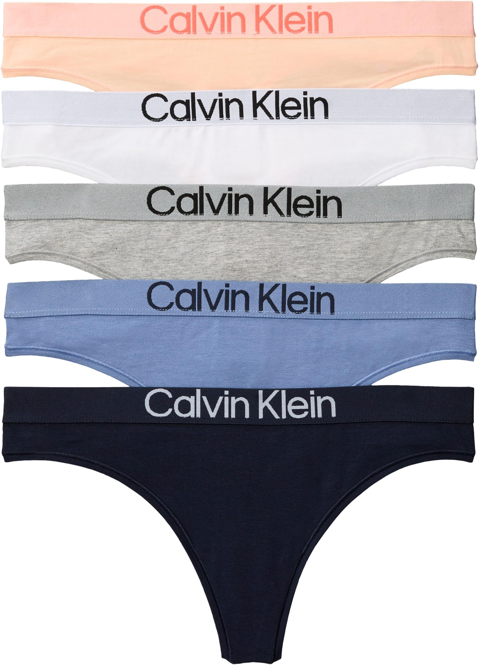 Calvin Klein Women's 5 Pack Thongs with Logo Waistband, Multicolor (Shoreline/White/Grey Htr/Blue Tu), L