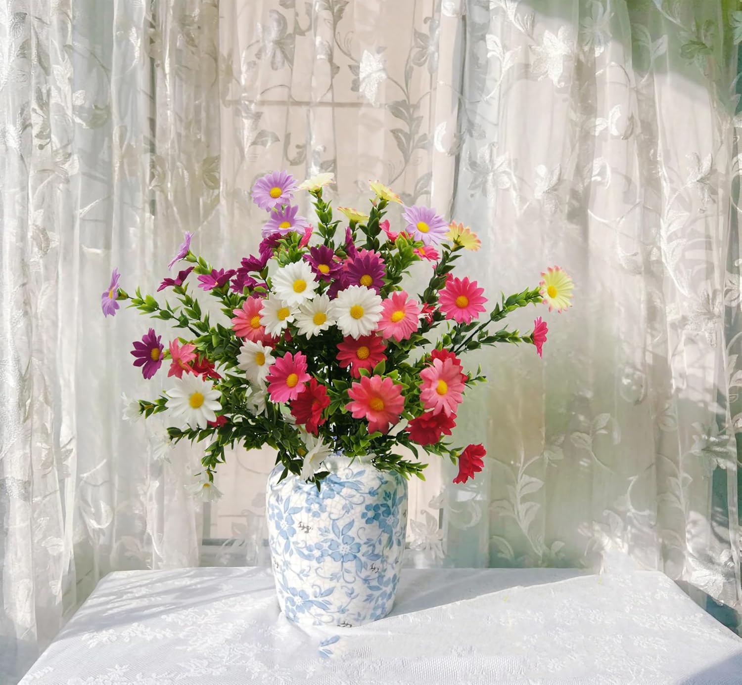 FERIAL 4Pcs Artificial Daisy Flowers for Decoration Outdoor Artificial Wildflowers Bulk Faux Silk Fake Daisy Spring Flower Purple Pink for Floral Home Decor Garden Patio Vase Table Centerpiece