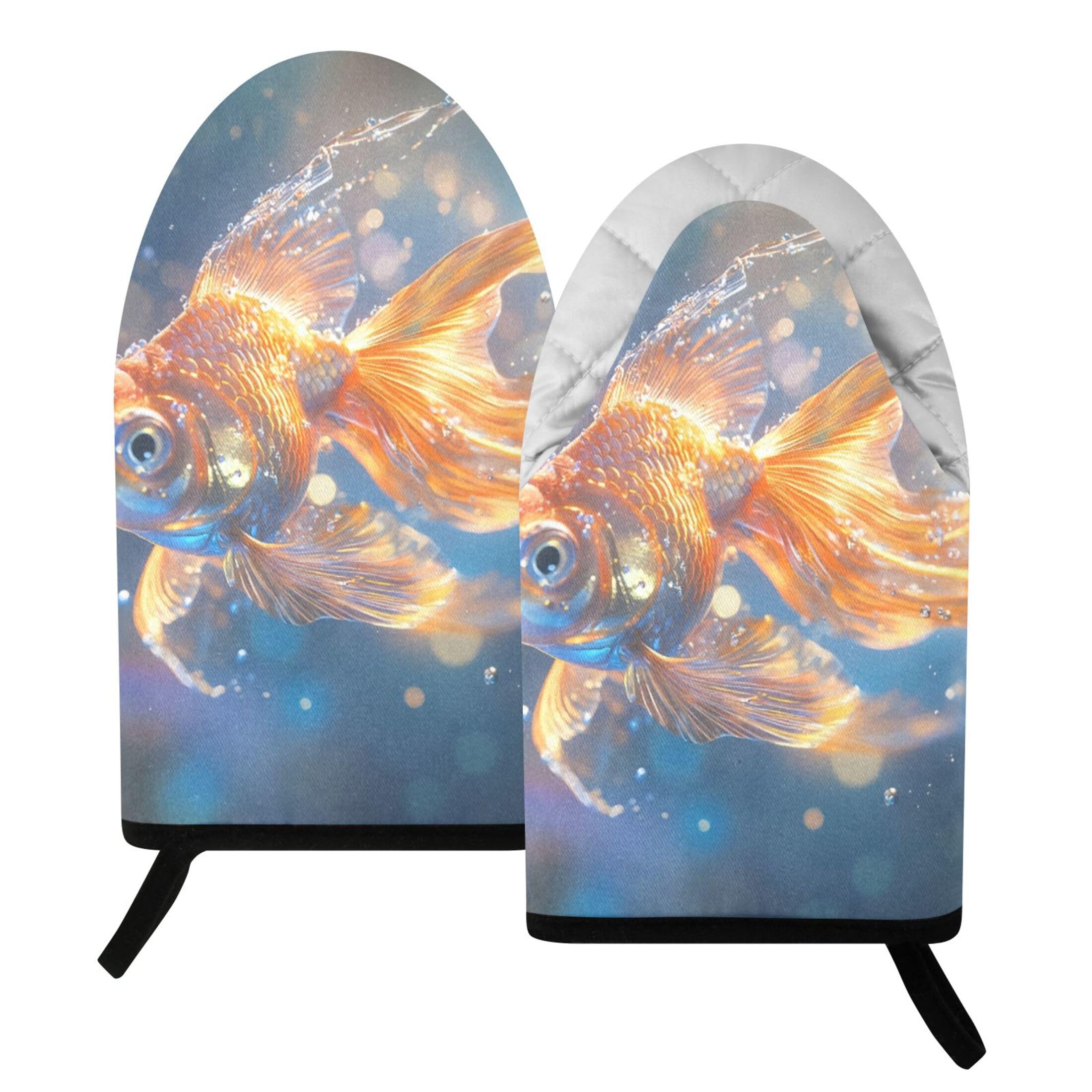 Fuauuyl Oven Mitts Heat Resistant Kitchen Gloves, Goldfish Classic Oven Gloves with Hanging Loop for Baking BBQ Cooking Grilling, 1 Pair, 9.5 in
