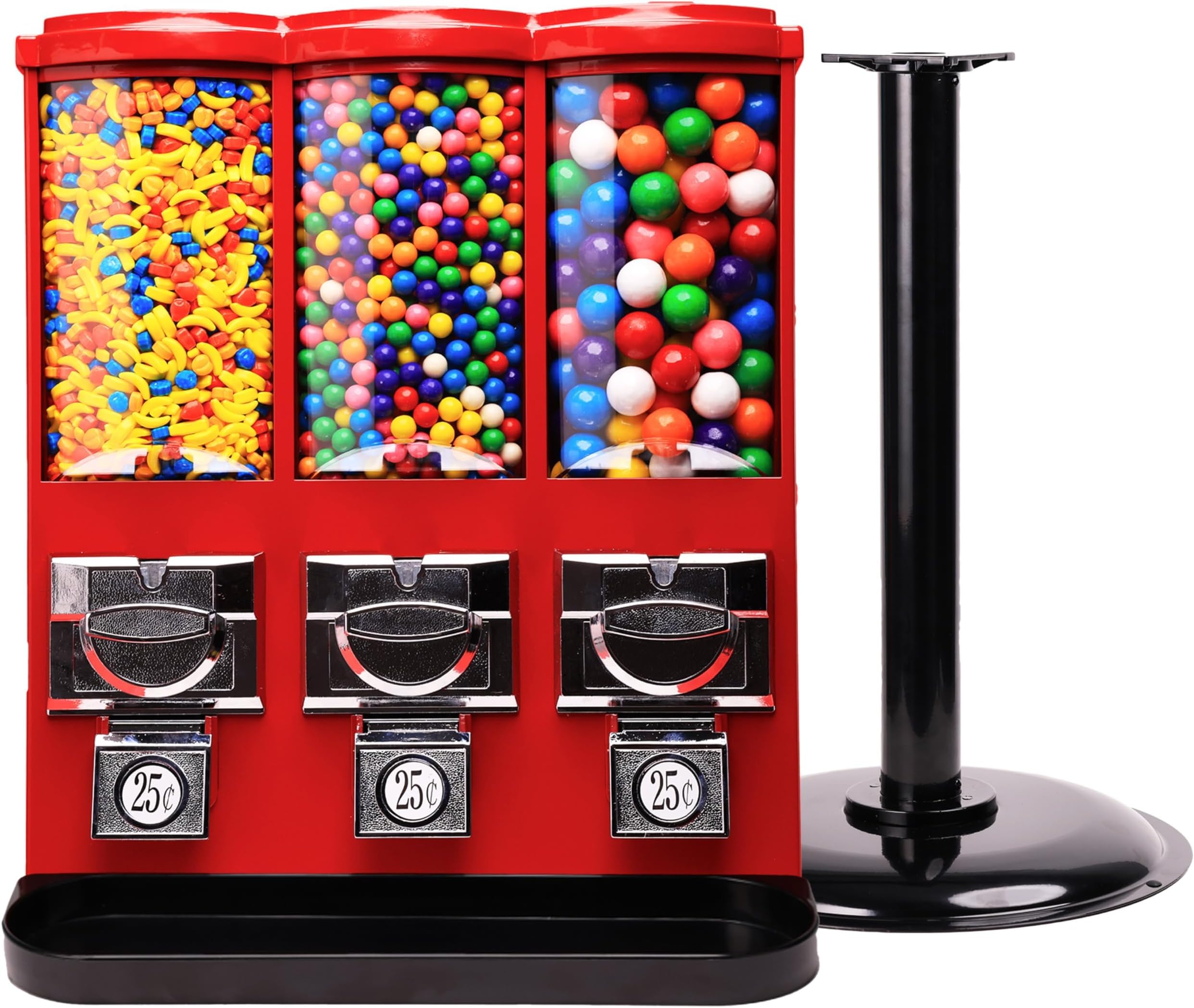 Vending Machine - Commercial Gumball and Candy Machine with Stand - Triple Vending Machine with Removable Canisters - Coin Operated Candy Dispenser and Gumball Machine - Vending Dispenser - Red