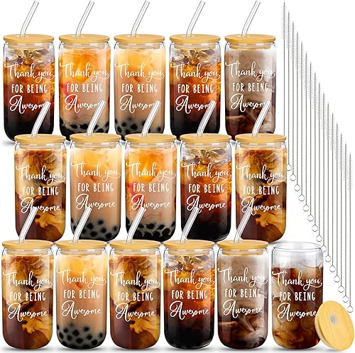 Juego de 16 regalos de agradecimiento, regalos de agradecimiento para empleados, vasos de cerveza con forma de lata de 16 onzas con tapas, cepillos