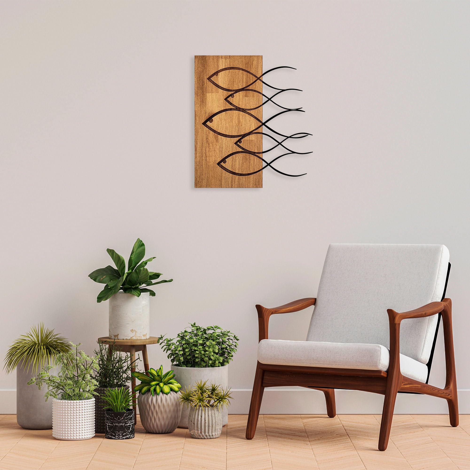 Elegant Decorative Wooden Wall Accessory, Walnut & Black, 52 x 58 cm, 50% Wood (3 cm) & Metal (1.5 mm), Unique Texture & Colour Variations