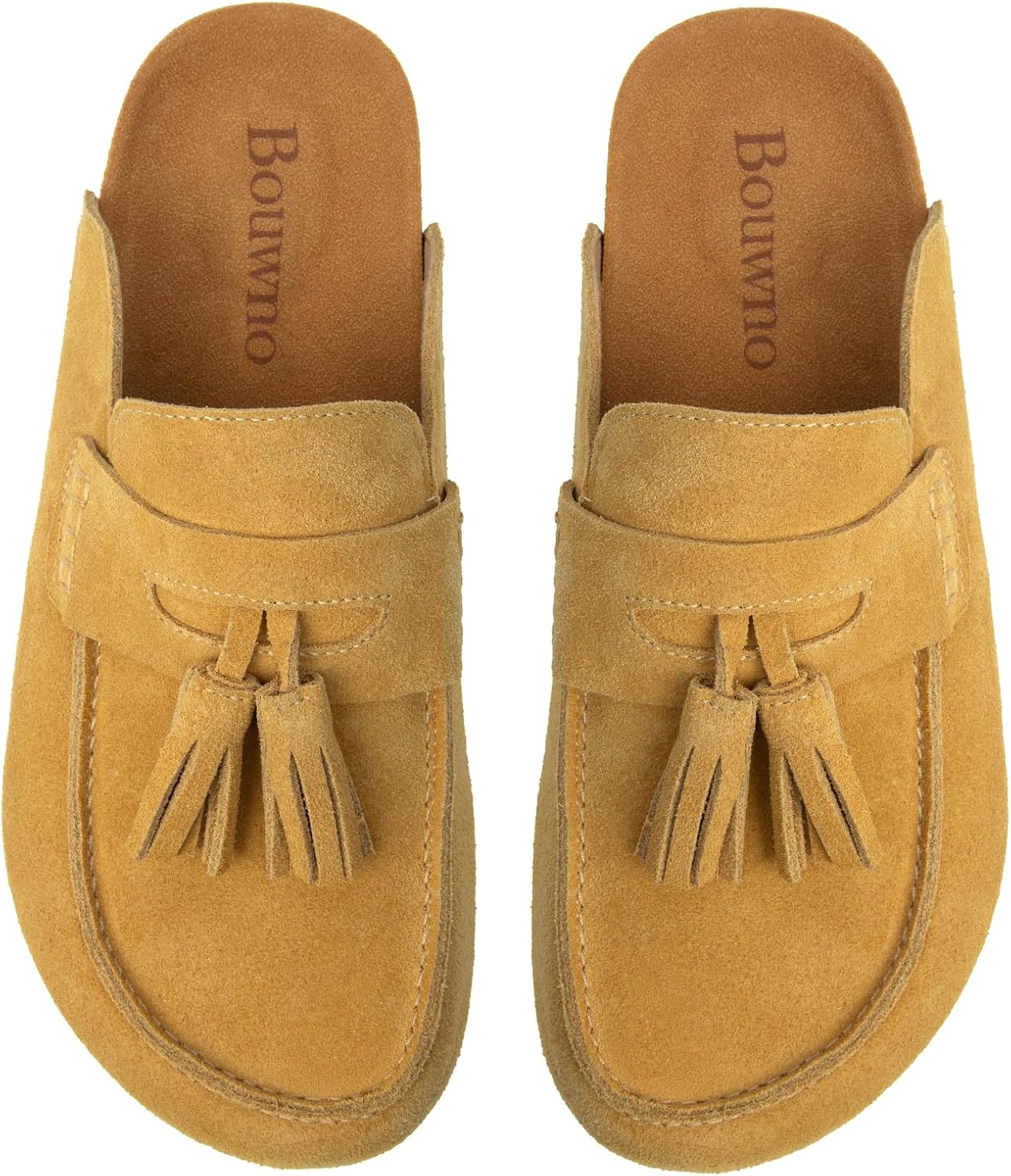 Suede Clogs for Women Genuine Leather Mules with Tassel Fringe Comfort Cork Footbed Women's Slip On Casual Shoes Closed Round Toe Slides with Arch Support
