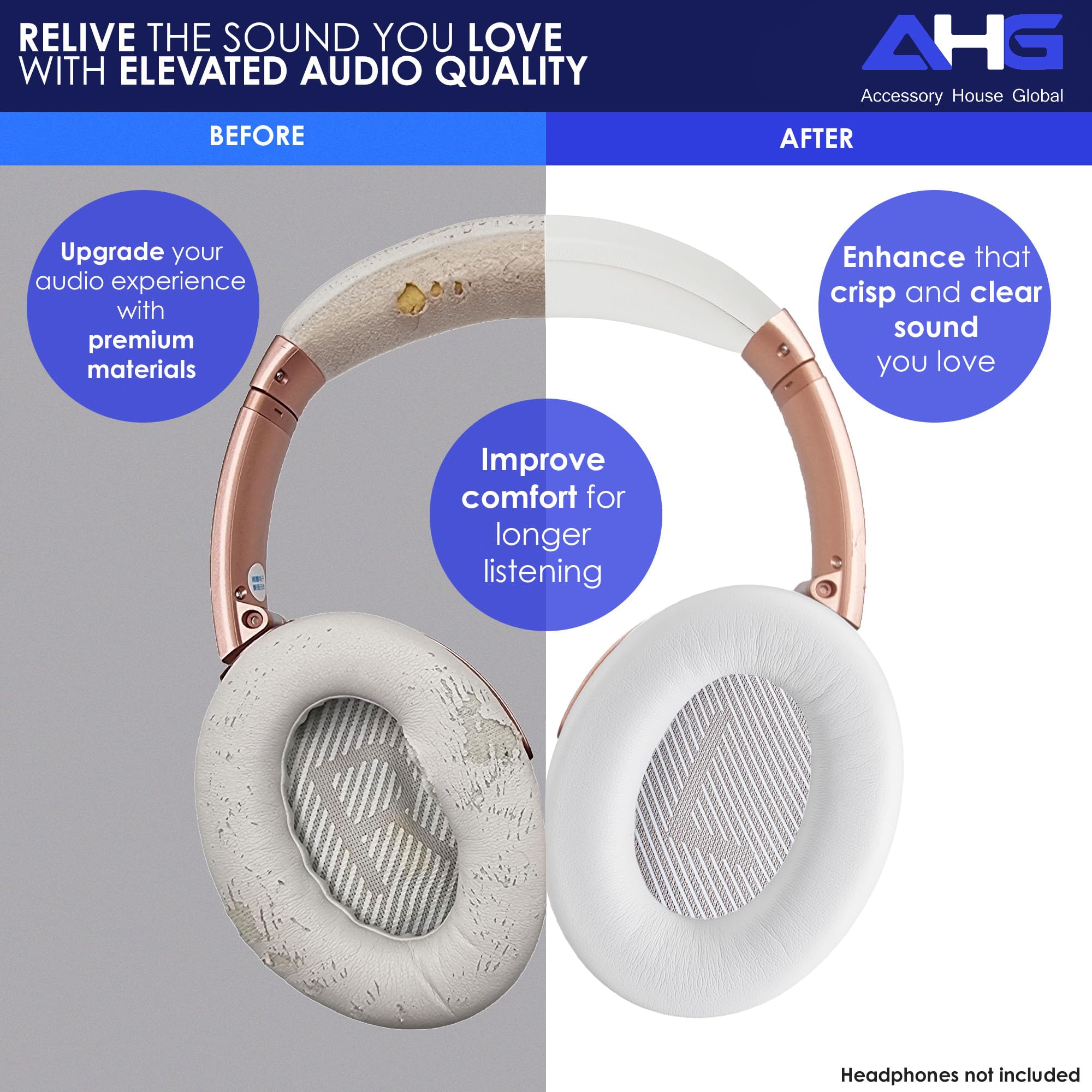 AHG QC35 Oreillettes / QC35 ii Kit de coussinets pour bandeau Compatible avec casque Bose QuietComfort 35 ii / QC35 (blanc). Design de bandeau haut de gamme | Assemblage à faire soi-même sans couture