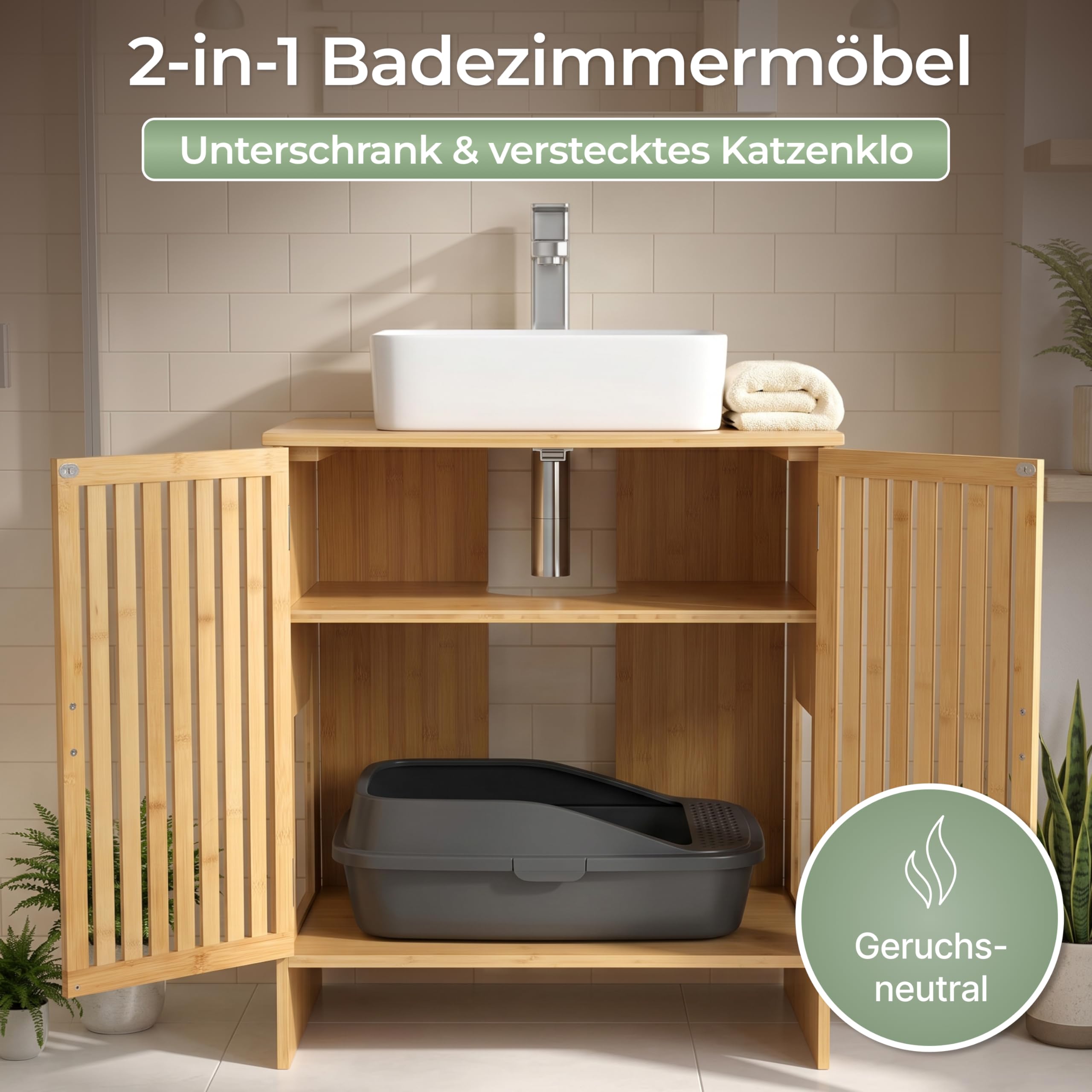 WOOWOOD Katzenklo Waschbeckenunterschrank aus Bambus - Extrem Feuchteresistent - Katzenklo Schrank - Badezimmer Unterschrank - Katzenschrank, Katzentoilette Schrank, Katzenmöbel, 60×44×60 cm