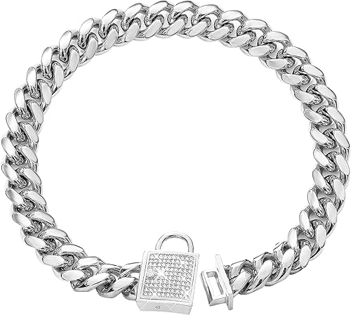 Miniatura 1 de Collar de perro con cierre de circonita de 0.555 pulgadas, collar de metal plateado para cachorros, collar de lujo para perro, pequeño mediano
