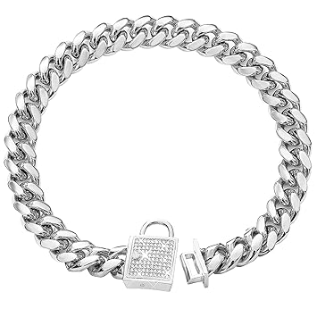 PRADOG Dog Collar with Zirconia Locking 14mm Silver Metal Puppy Collar Luxury Dog Bling Cat Necklace Small (14MM, 12
