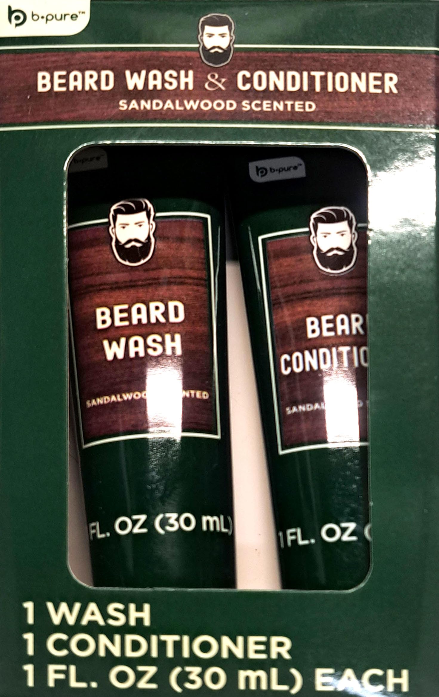 b pure Beard Wash & Conditioner - Sandalwood Scented - 1 Wash, 1 Conditioner 1fl oz (30ml)