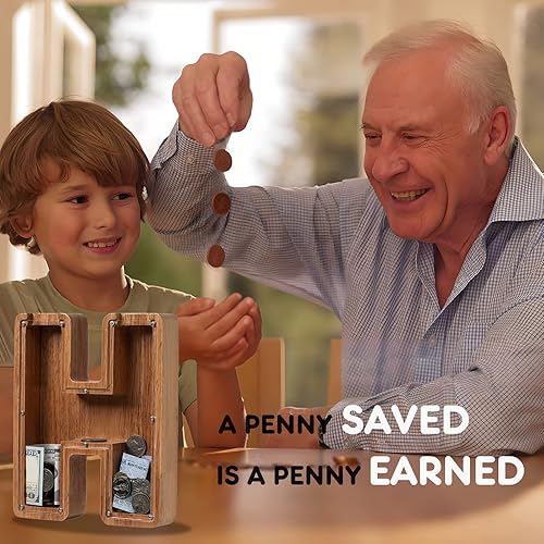 Miniatura 4 de ladenk Alcancía de madera extragrande de 12 pulgadas para niños, alcancía para niños y niñas, banco H con inicial, banco de dinero del alfabeto para