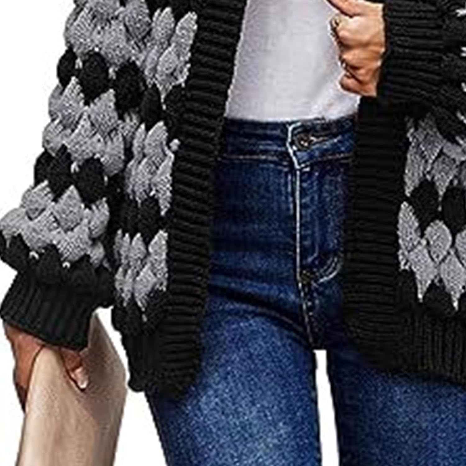 Women's Chunky Knit Open Front Sweater Lightweight Winter Color Block Coats Long Sleeve Loose Cardigan Outerwear