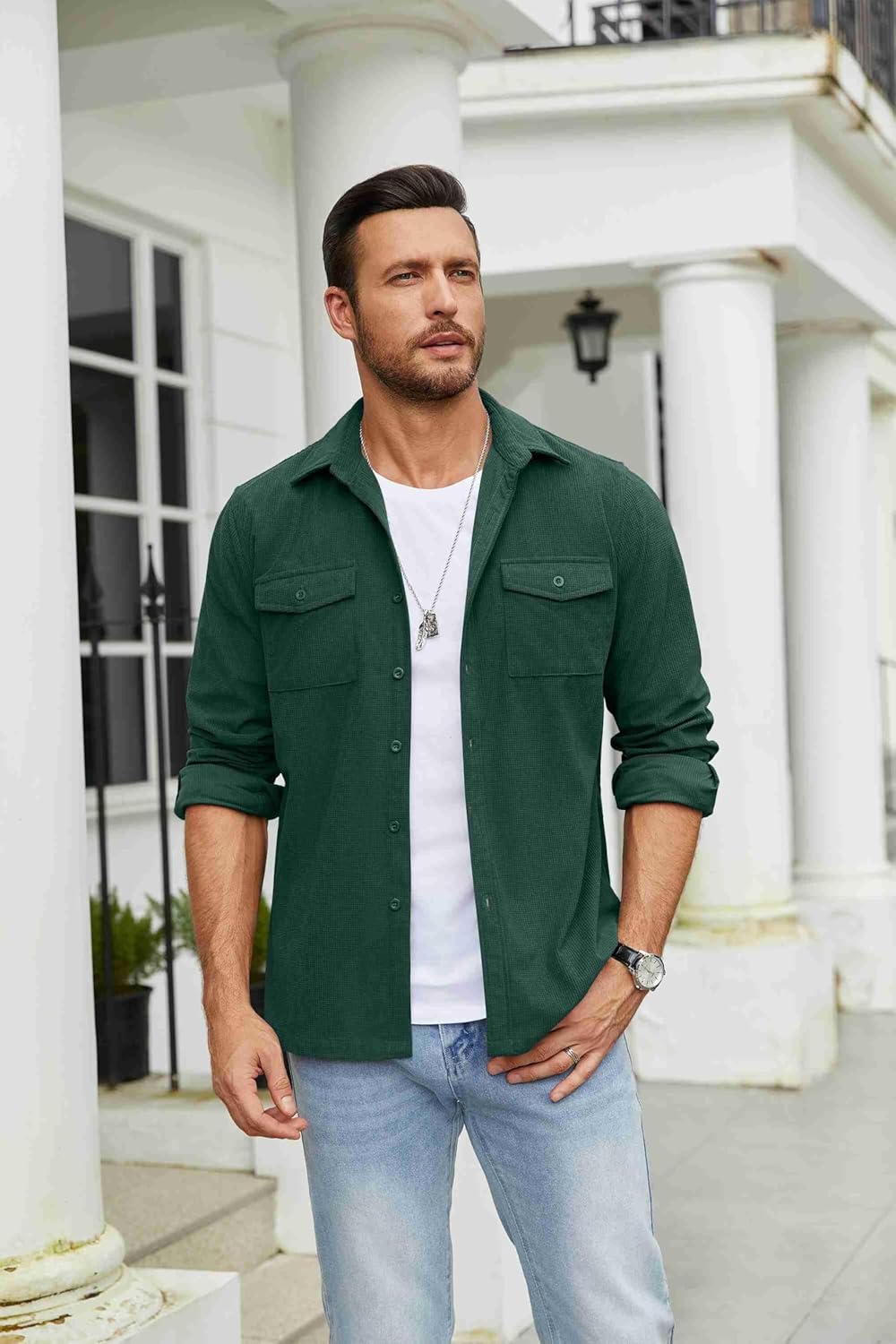 COOFANDY Men's Button Down Waffle Shirt Jacket Casual Long Sleeve Shacket Lightweight Overshirts with Flap Pockets - Image 2