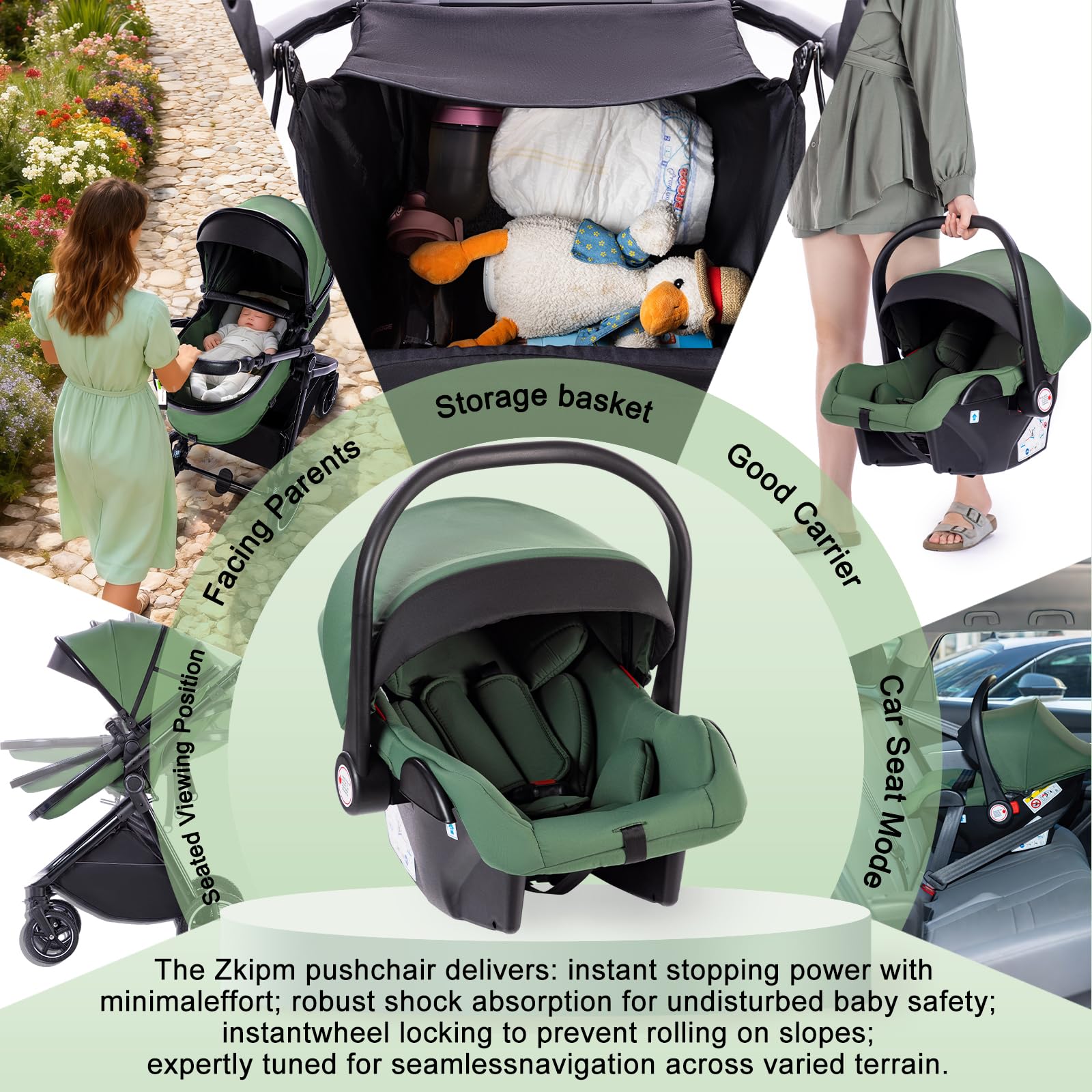 Zkiprm Carrito de Bebe 3 en 1, Conjunto Plegable Portátil con un solo Toque Carrito Bebe, Con Asiento y Reclinable Silla de Paseo, Incluye mosquitera, funda para la lluvia, portavasos, bolsa,0 a 3 año