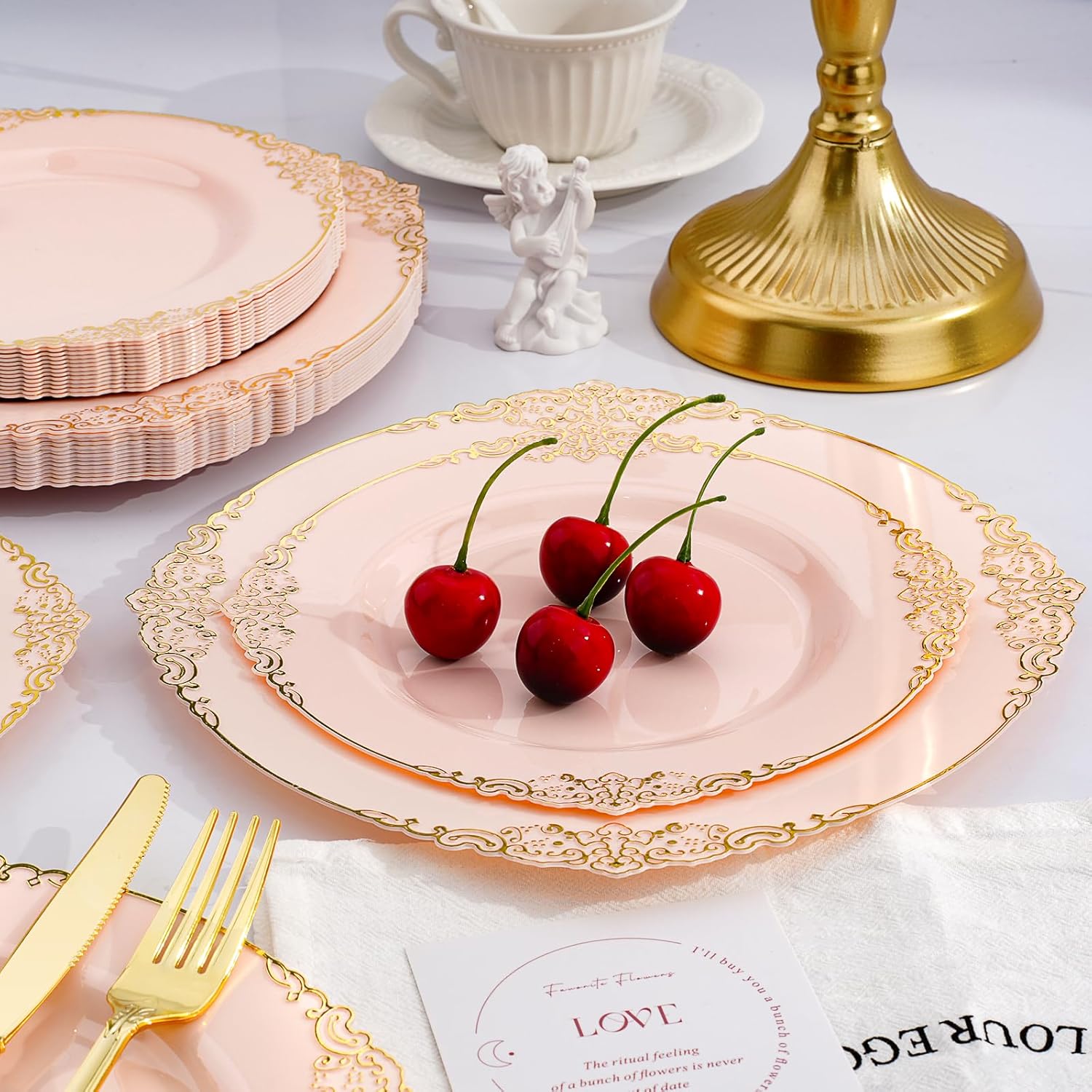 350 PCS Pink and Gold Plastic Plates, Plastic Dinnerware Set for 50 Guests, 100 Disposable Plates, 150 Silverwares, 50 Cups, 50 Napkins for Party, Wedding, Graduation - Image 5