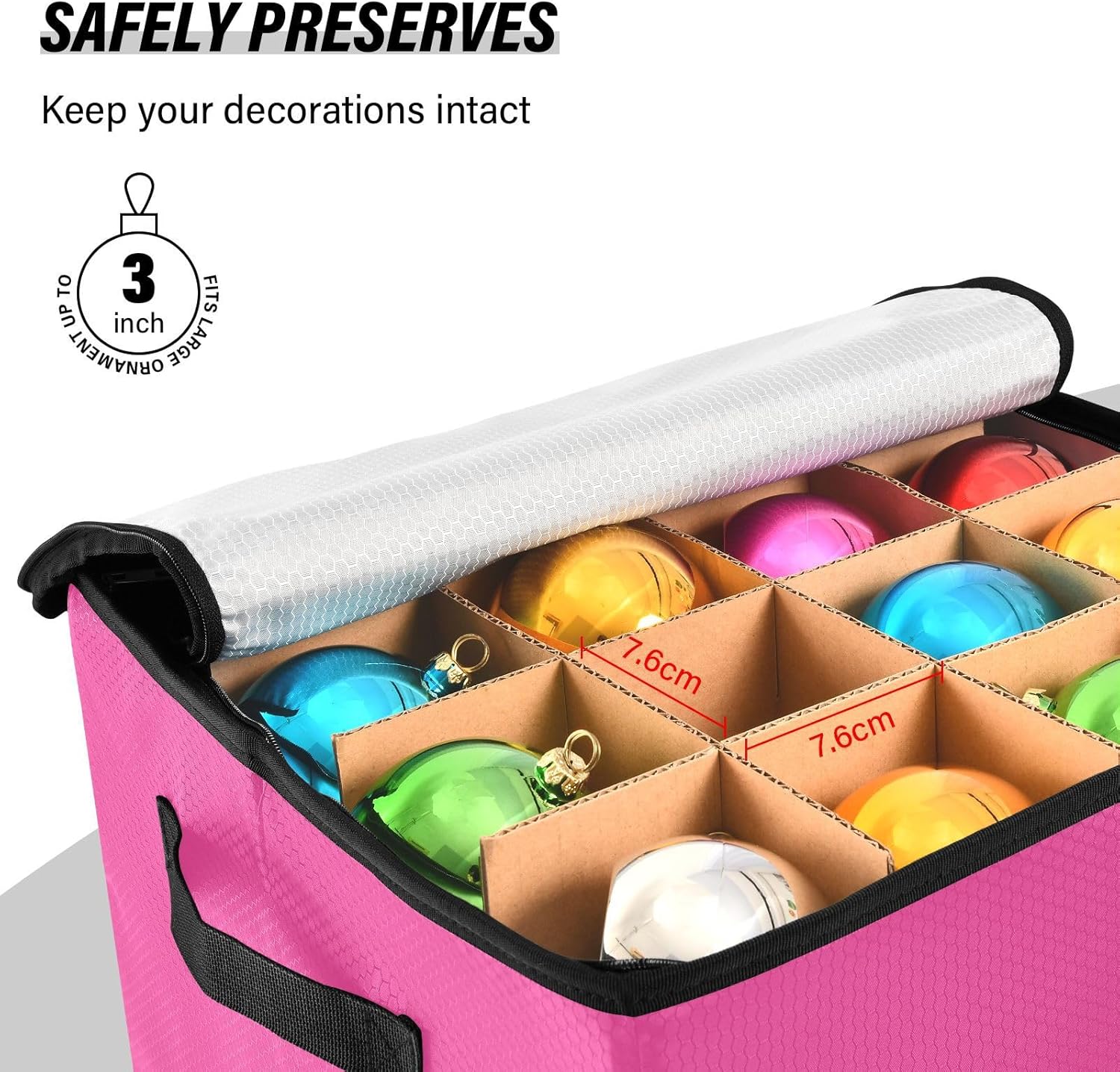 Pink Purple Solid Color 13 Inch Christmas Ornament Storage Box with Lid - Holiday Decor Storage Containers, Stores 64 Ornaments, 3 Inch Cube Compartments