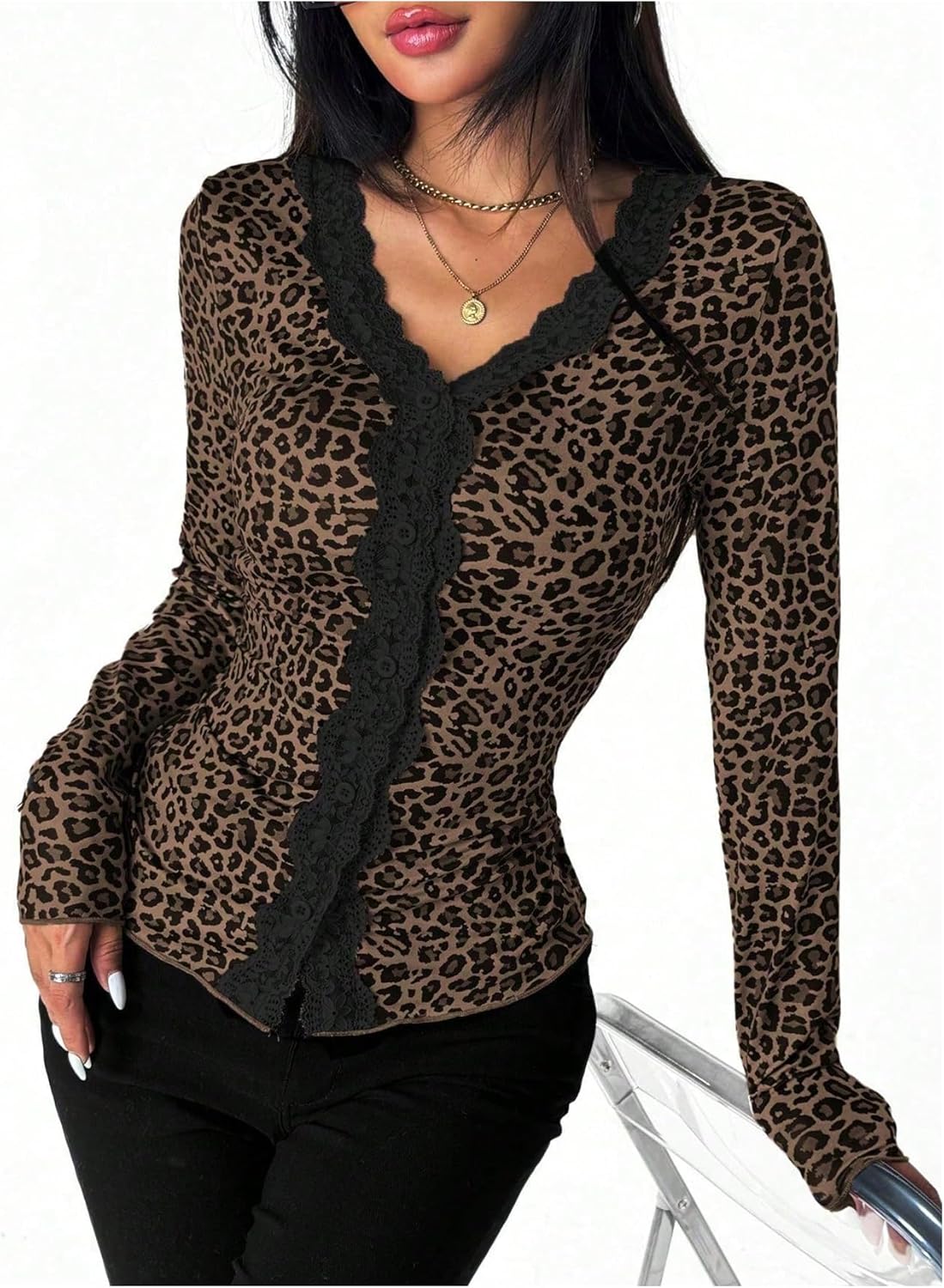 MakeMeChic Women's Cheetah Print Lace T Shirt V Neck Button Down Long Sleeve Fitted Tee Tops - Image 5