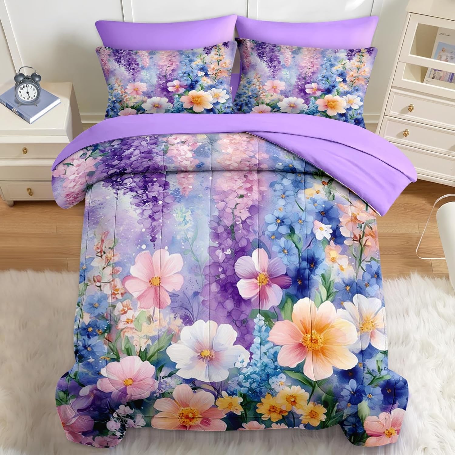 Nesker Comforter Set Queen Size, Farmhouse Dream Floral 7 Pcs Bedding for Kids and Adults, Romantic Flower Purple Bed Sheet Sets with Fitted Sheet 2 Pillowcases & 2 Shams
