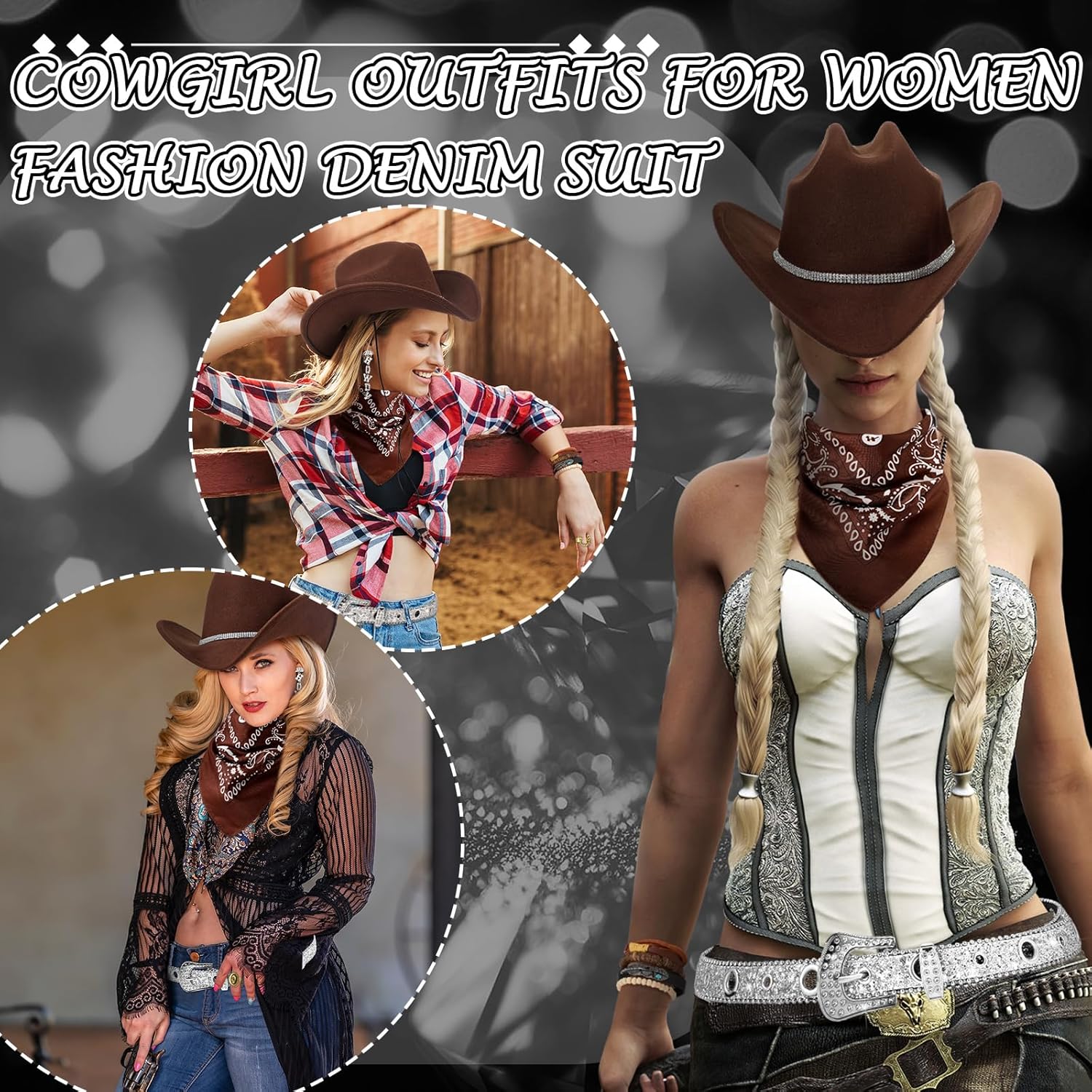 8 Pcs Rhinestone Cowboy Hat for Women with Glitter Belt Bandana Earrings for Western Country Concert Party - Image 5
