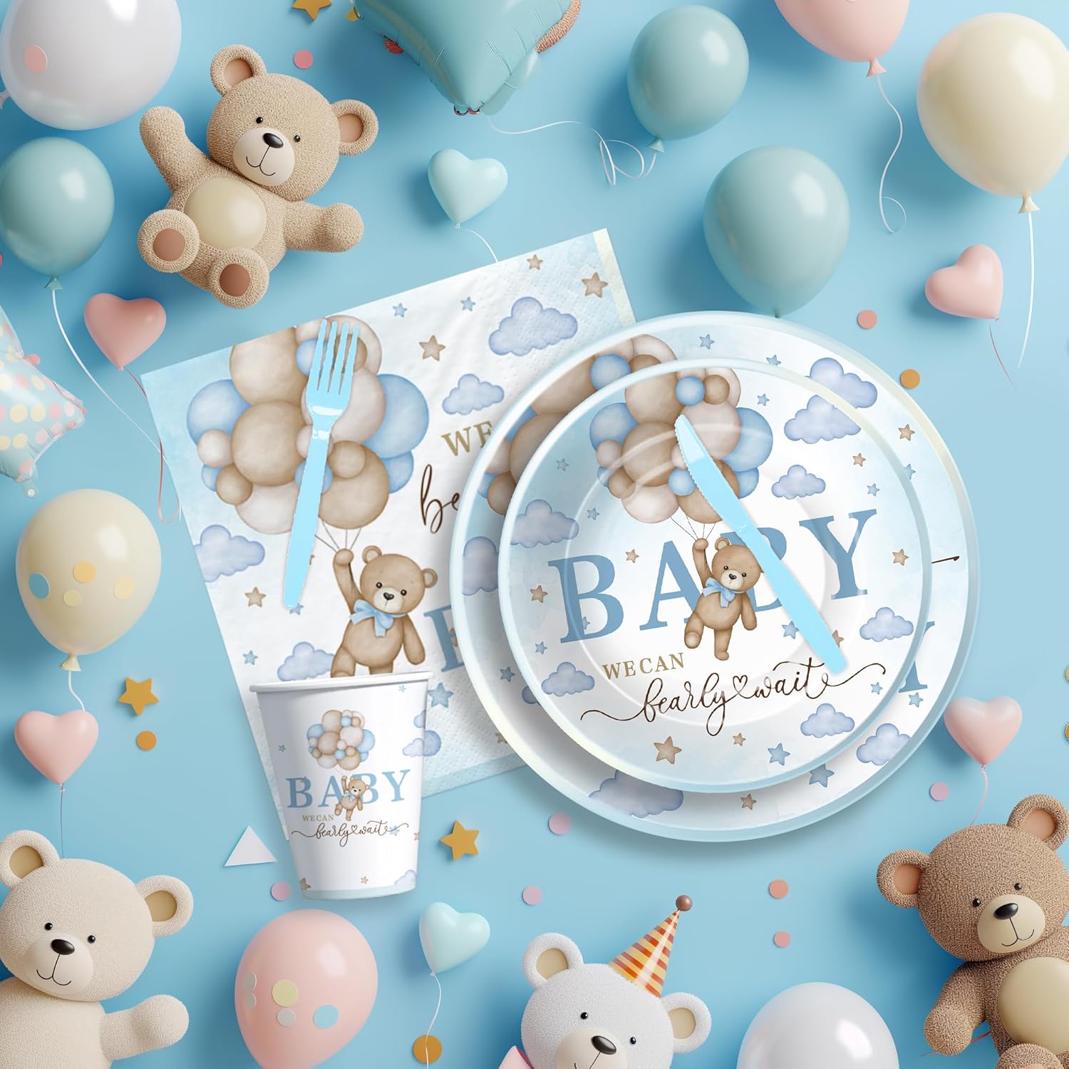 Bear Baby Shower Decorations Boy Tableware - Blue Bear We Can Bearly Wait Baby Shower Decorations Party Supplies, Paper Plate, Napkin, Cup, Cutlery, Tablecloth, 24 Guests image 7 of 7 B0CZPW7FV9
