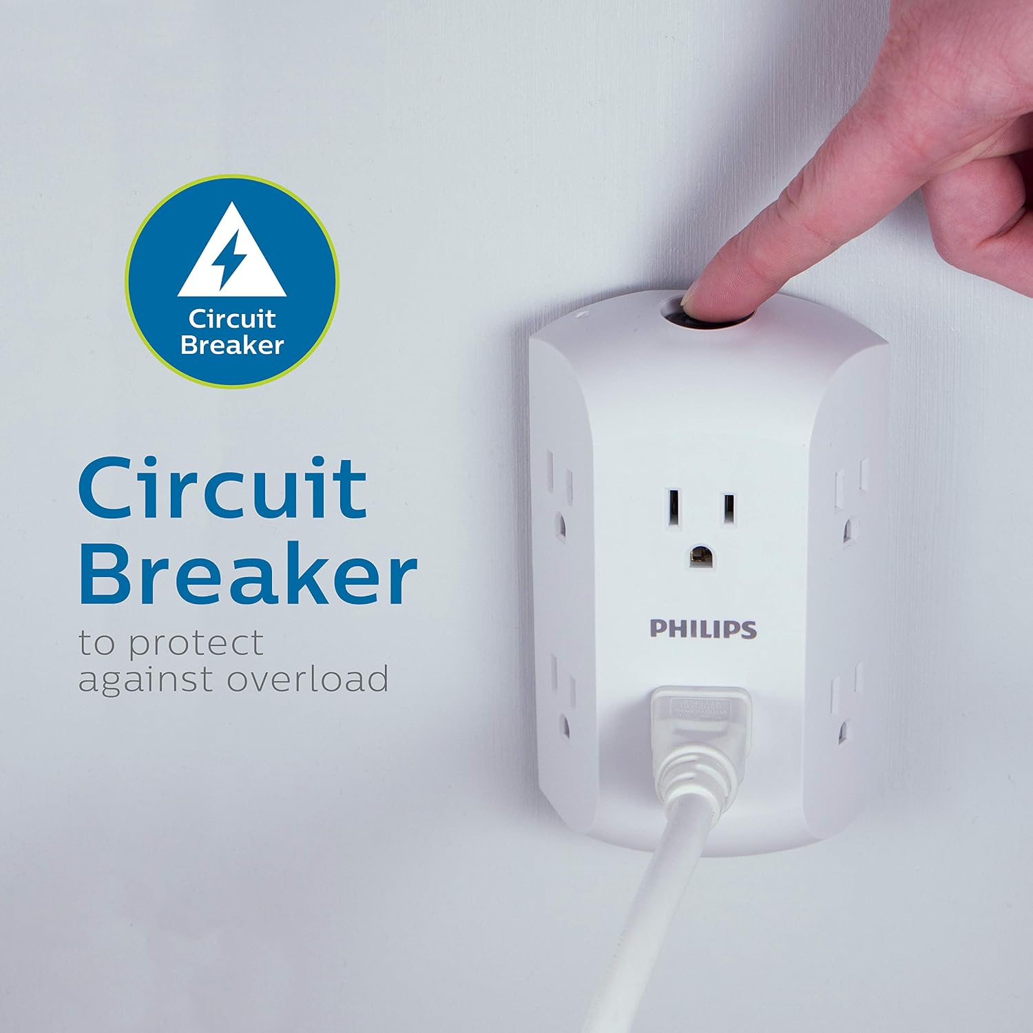 Philips 6-Outlet Extender with Resettable Circuit Breaker, Grounded Adapter, Multi Outlet Wall Charger, Side Access, Space Saving Design, Wall Tap, White, SPS1460WH/37