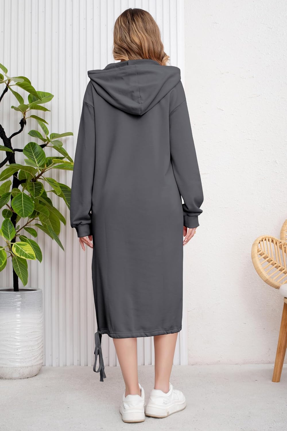 ebossy Women's Casual Loose Solid Color Drawstring Hoodie Fall Warm Cotton Sweatshirt Maxi Dress with Pocket - Image 7