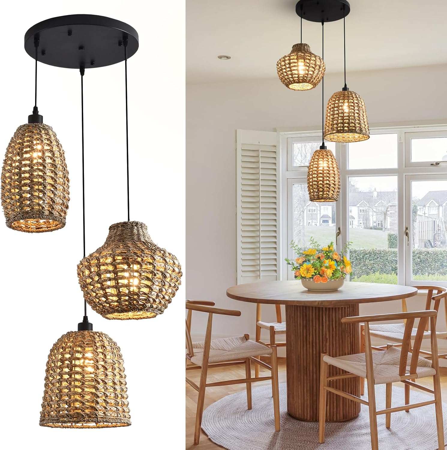 Rattan Pendant Light,Boho Coastal Wicker Dining Room Chandelier Fixtures,Hand-Woven Water Plants Ceiling Hanging Lighting for Kitchen Island Living Room Bedroom Farmhouse 3-Light