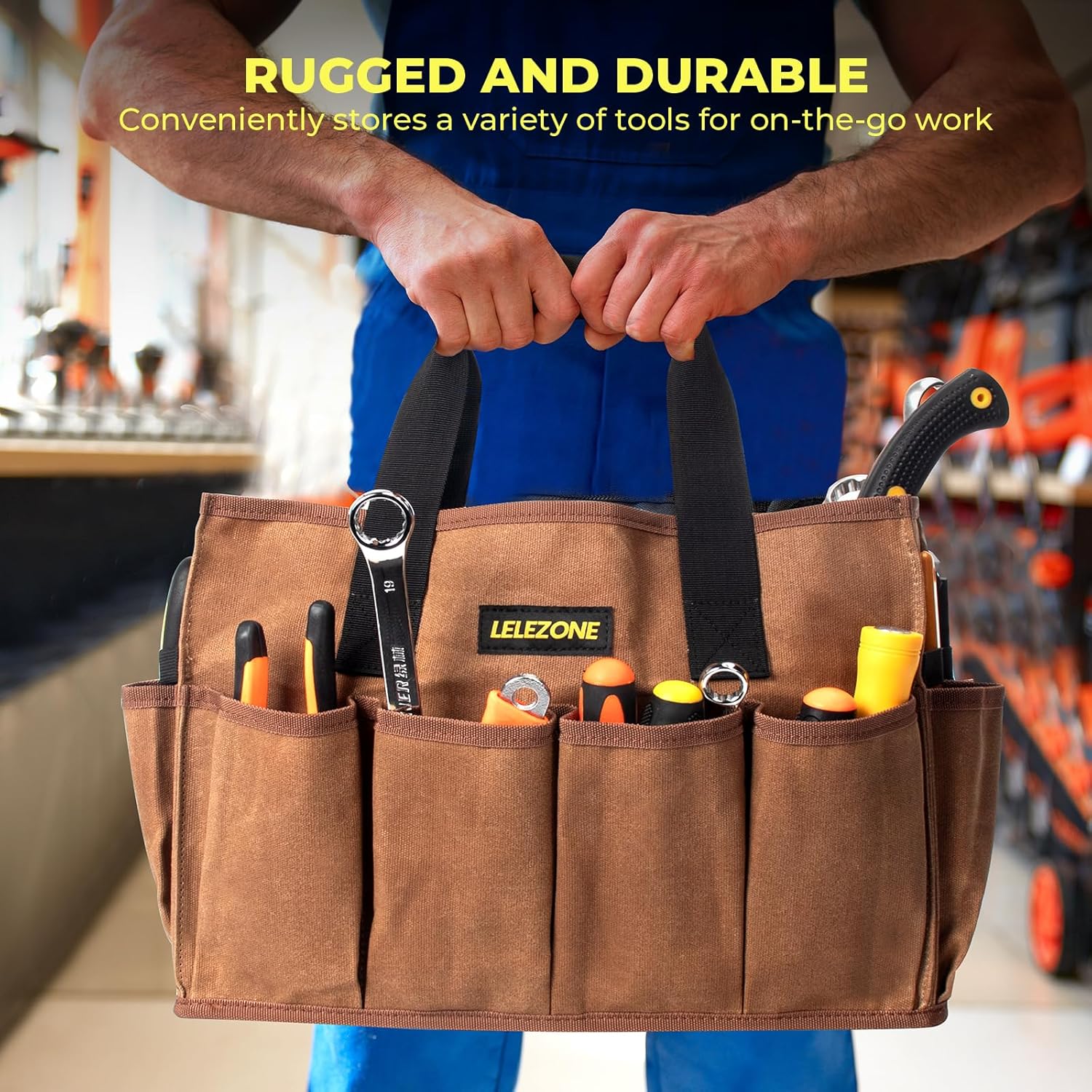 Tool Bag 16 oz. Waxed Canvas Tool Bag Large Capacity Tool Storage Tote comes with a Main Compartment and 12 Exterior Pockets for Wrenches, Scissors, Hammers or a set of Garden Tools and More - Khaki - Image 4