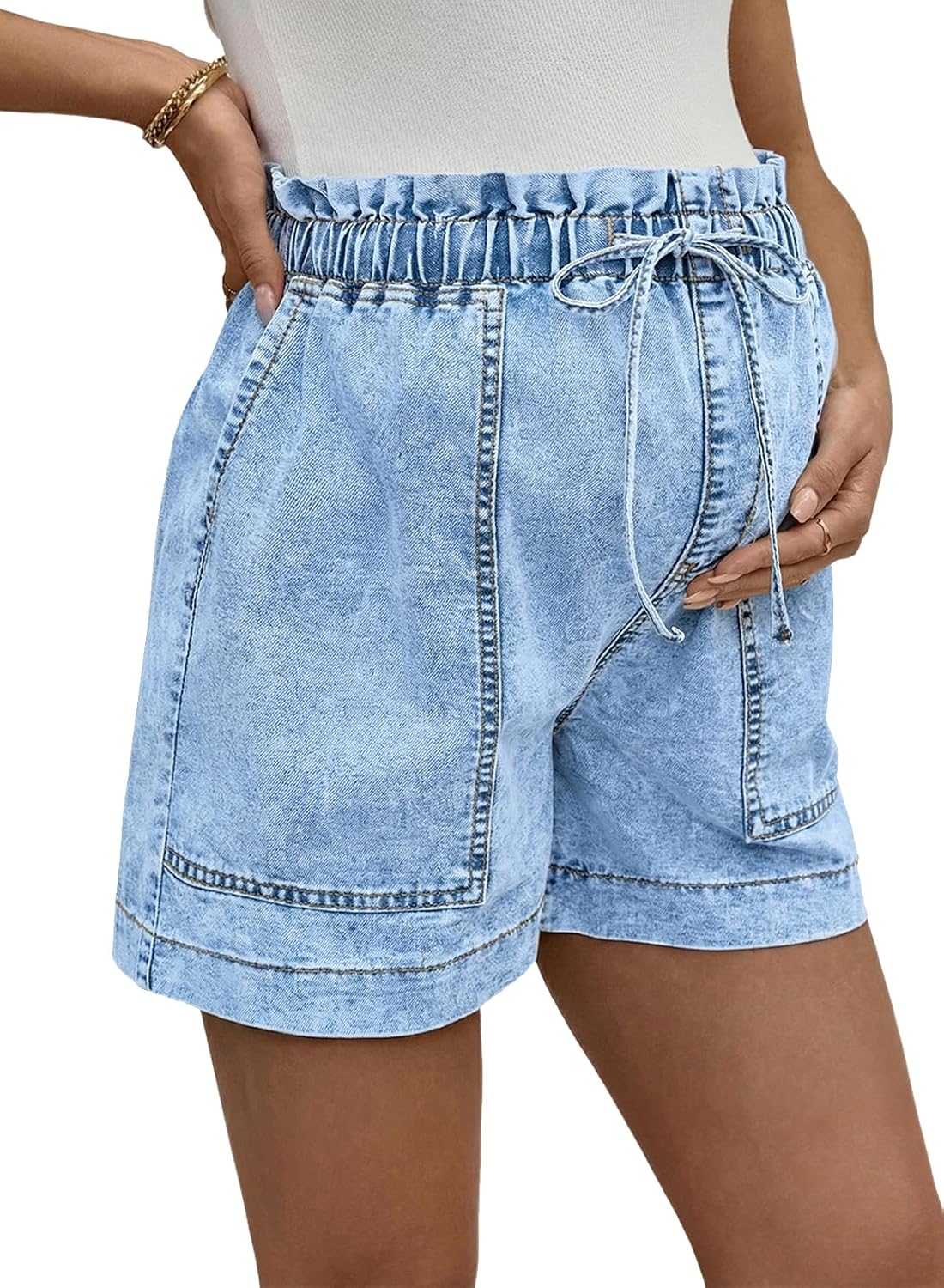 BLENCOT Women Maternity Jeans Shorts Stretchy Drawstring Denim Pregnancy Comfy Clothes with Pockets