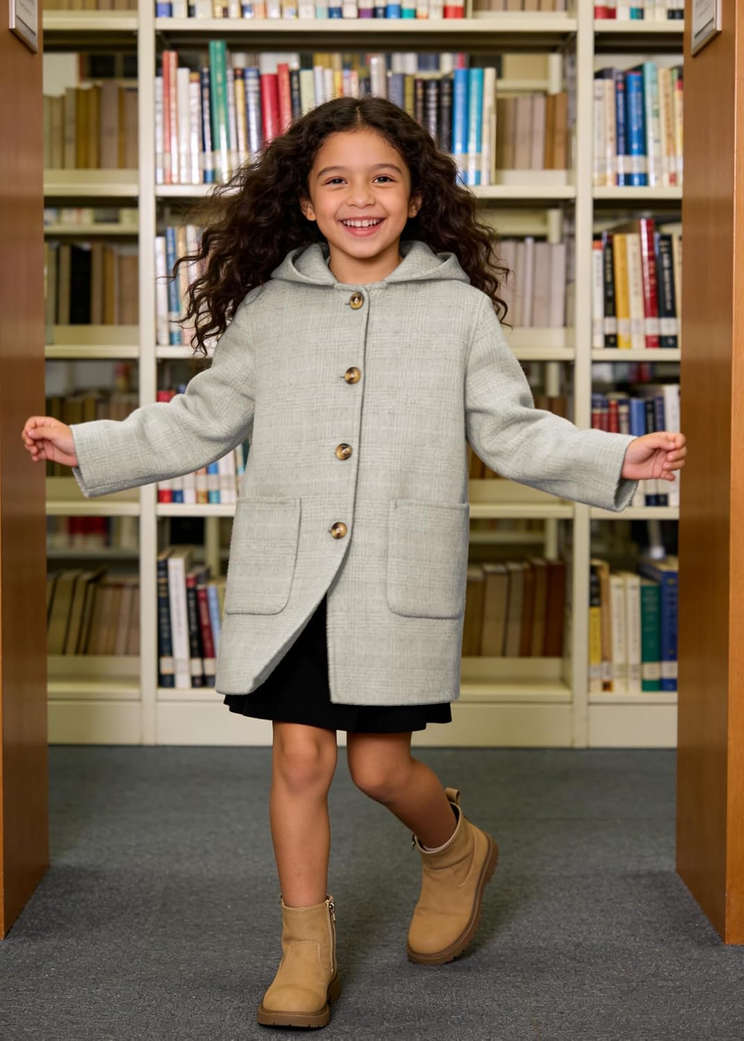 Cromoncent Girls Single Breasted Dress Coat Hooded Wool coat Winter Outwear