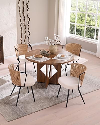 Miniatura 2 de BedsPick Juego de 4 sillas de comedor de ratán, silla de cocina tapizada con respaldo de caña con cojín de bucle, asiento de comedor con respaldo de