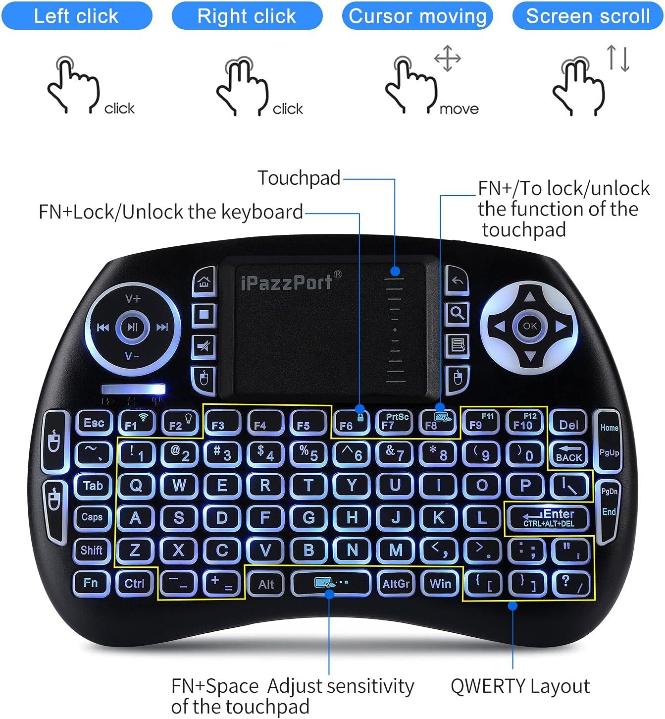 iPazzPort Mini Bluetooth Keyboard, Backlit Protable Wireless Keyboard with Touchpad for Android Smart TV/Laptop/Pad/HTPC/Raspberry Pi and PC KP-810-21BTL