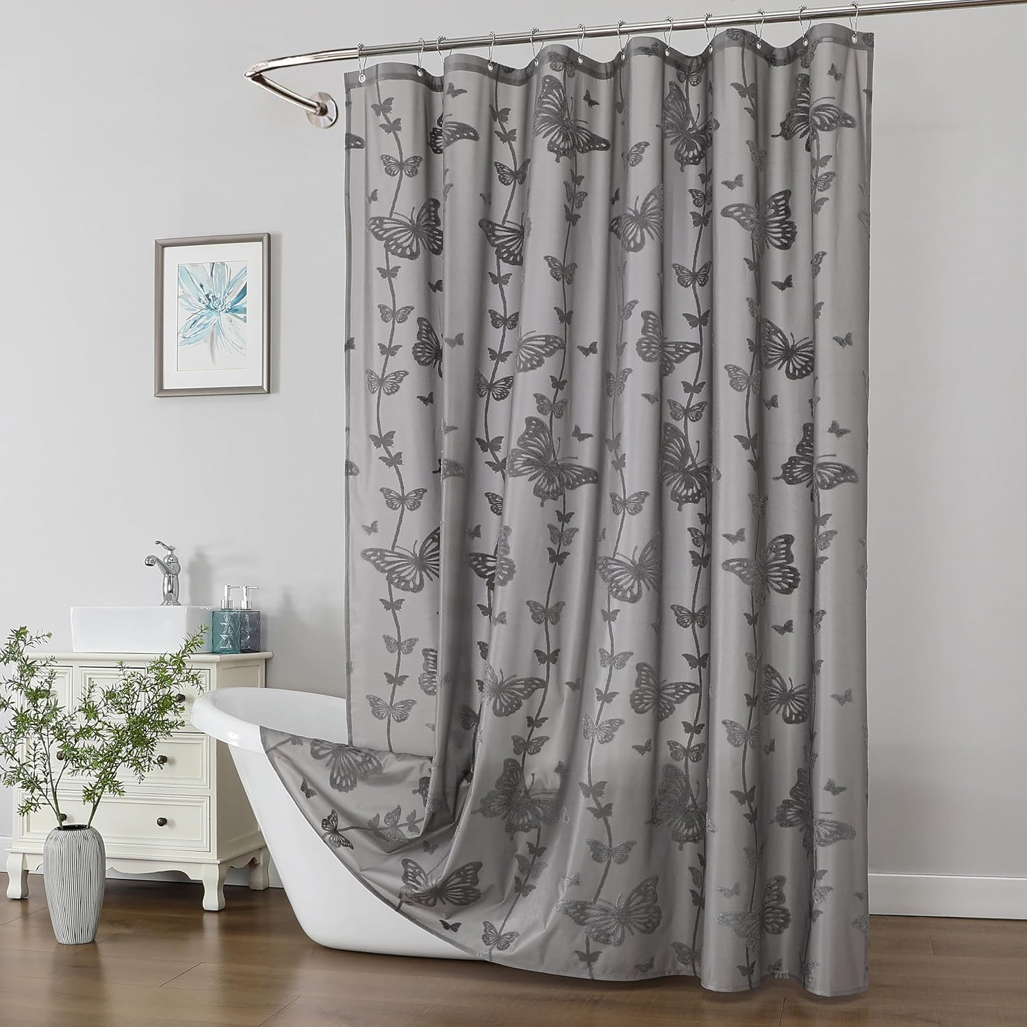 Onalasyc Grey Butterfly Shower Curtain, Lace Butterfly Shower Curtains for Bathroom Grey Sheer Shower Curtain Vintage Aesthetic Decor Bathroom Waterproof Shower Cutain, 12 Pcs Plastic Hooks, 72x72in