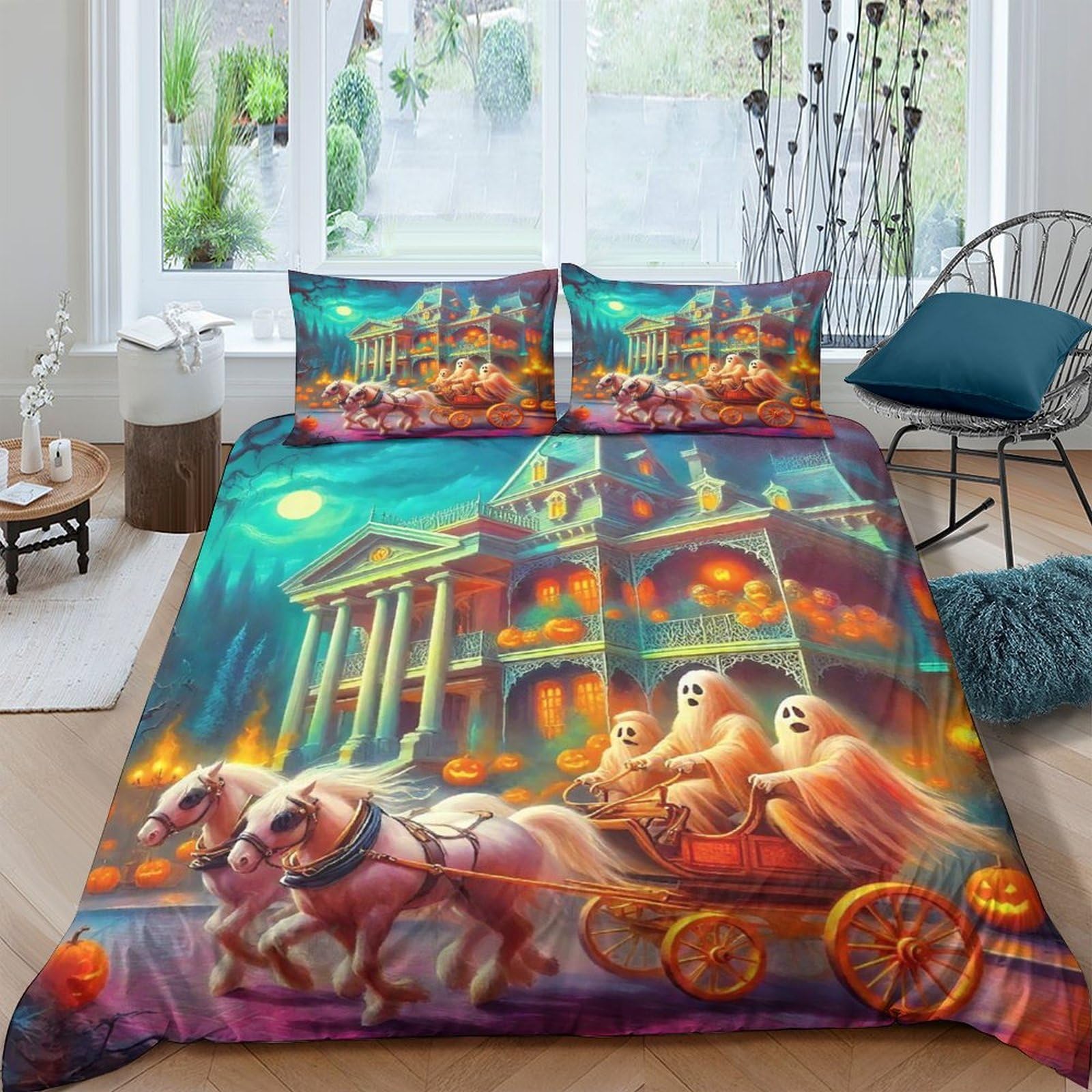 Housse de couette citrouille fantôme infroissable 3 pièces lit 200x200cm